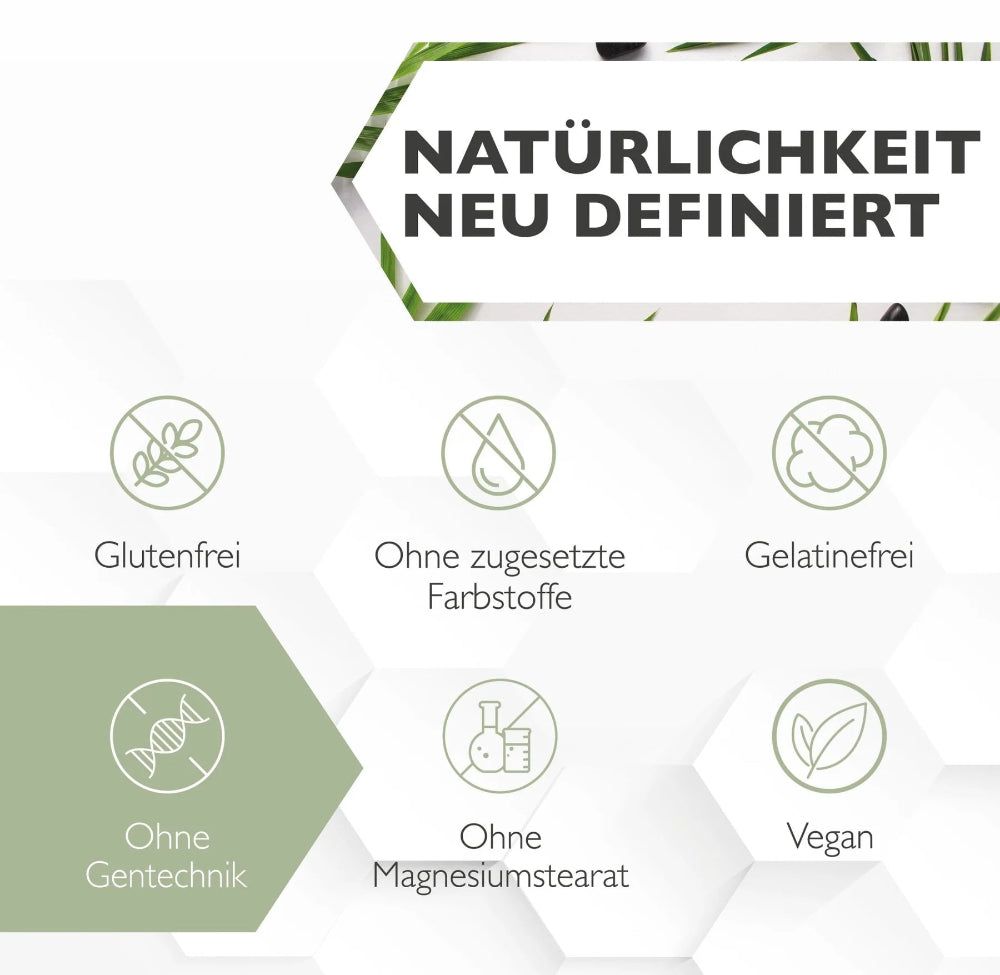Text: Natürlichkeit neu definiert. Symbole: Glutenfrei, ohne Farbstoffe, gelatinefrei, ohne Gentechnik, ohne Magnesiumstearat, vegan.