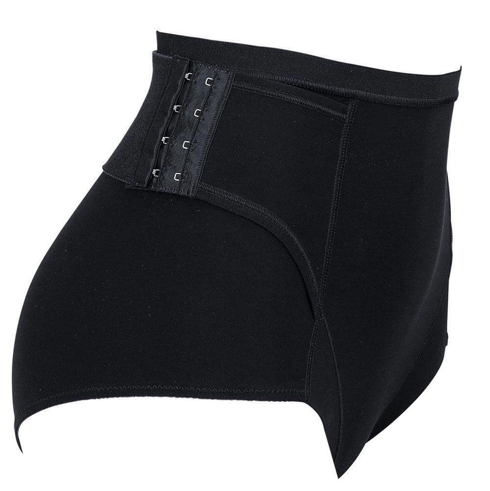 Schwarze Miederhose mit hohem Bund, seitlichem Hakenverschluss und verstärktem Bauchbereich.