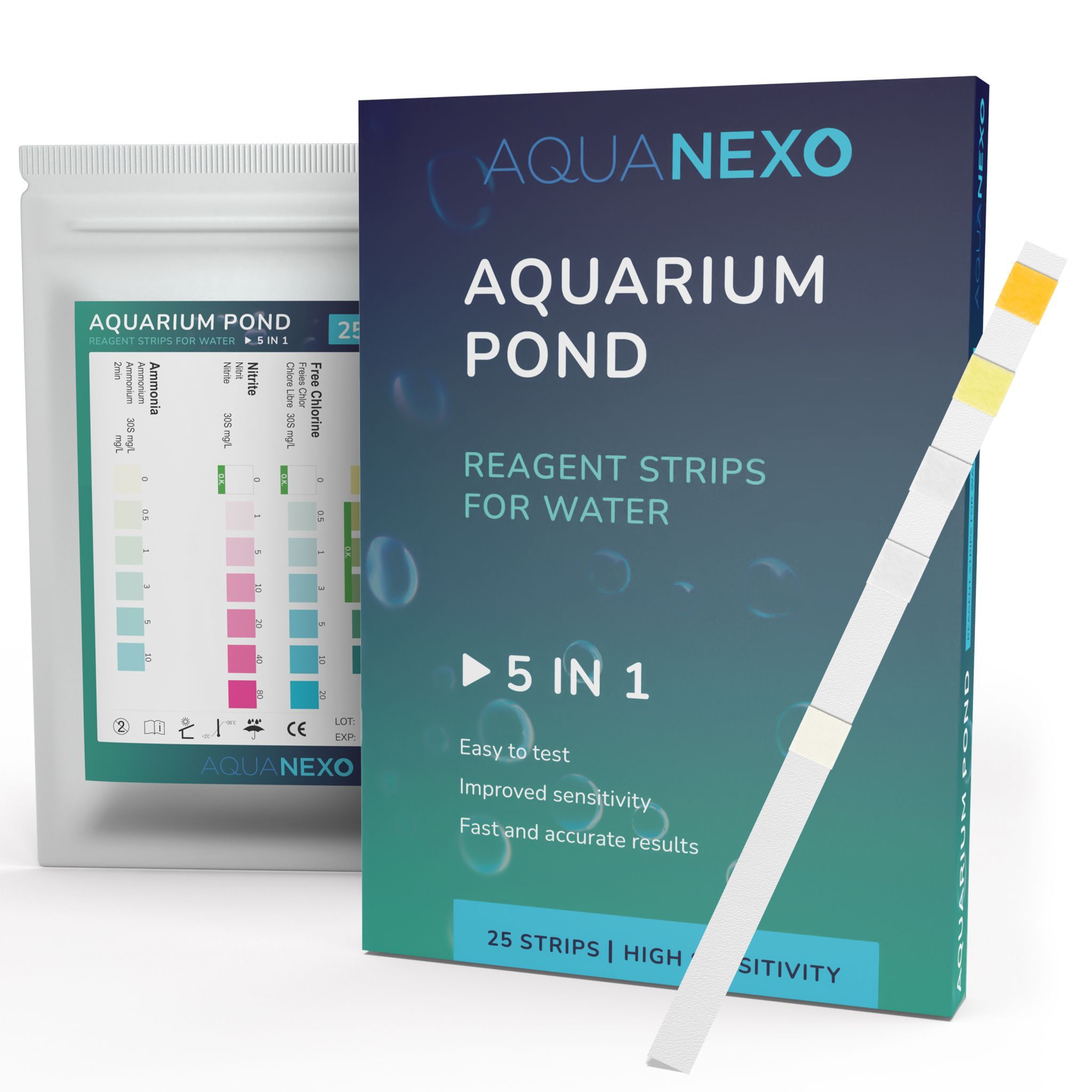 Aquanexo 5in1 Aquarium & Teich Teststreifen – zur Wasseranalyse, Wassertest 25 St