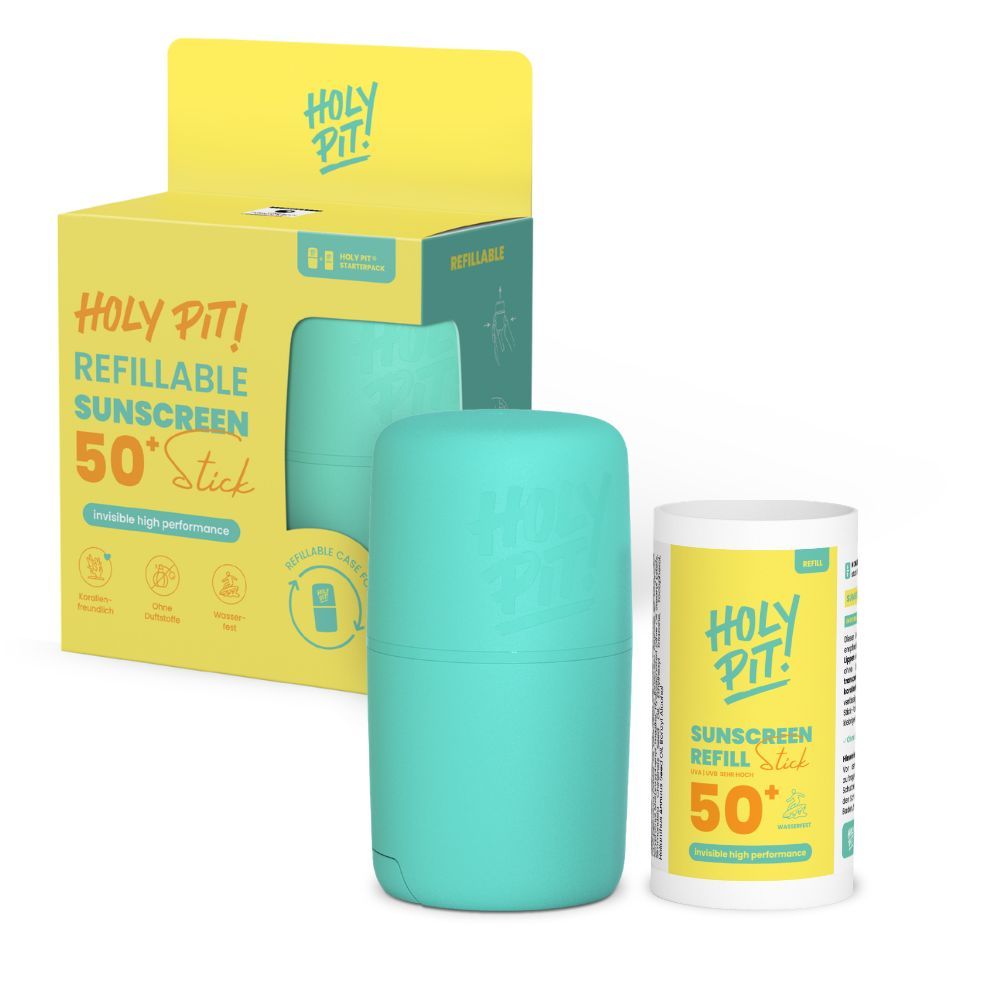 Sonnenschutz-Stick und Verpackung. Text: HOLY PIT! REFILLABLE SUNSCREEN 50+ Stick.