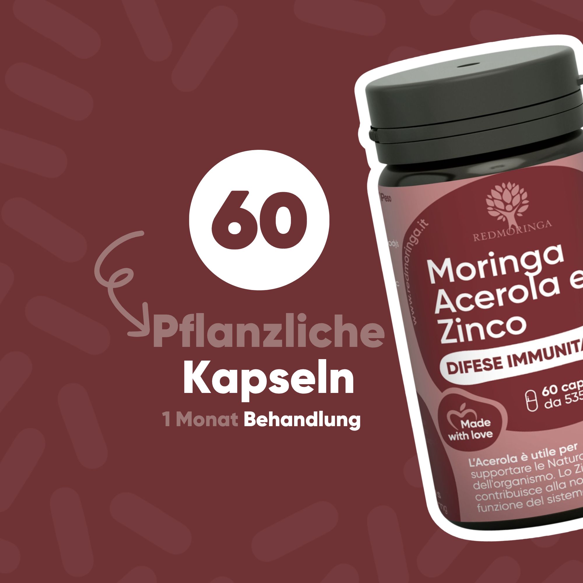 Flasche mit Kapseln. "60 Kapseln", "1 Monat Behandlung".