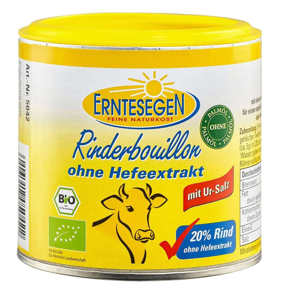 Runde Dose mit gelbem Deckel. Aufschrift: Erntesegen Rinderbouillon ohne Hefeextrakt, Bio. Mit Kuh-Illustration und 20% Rind.
