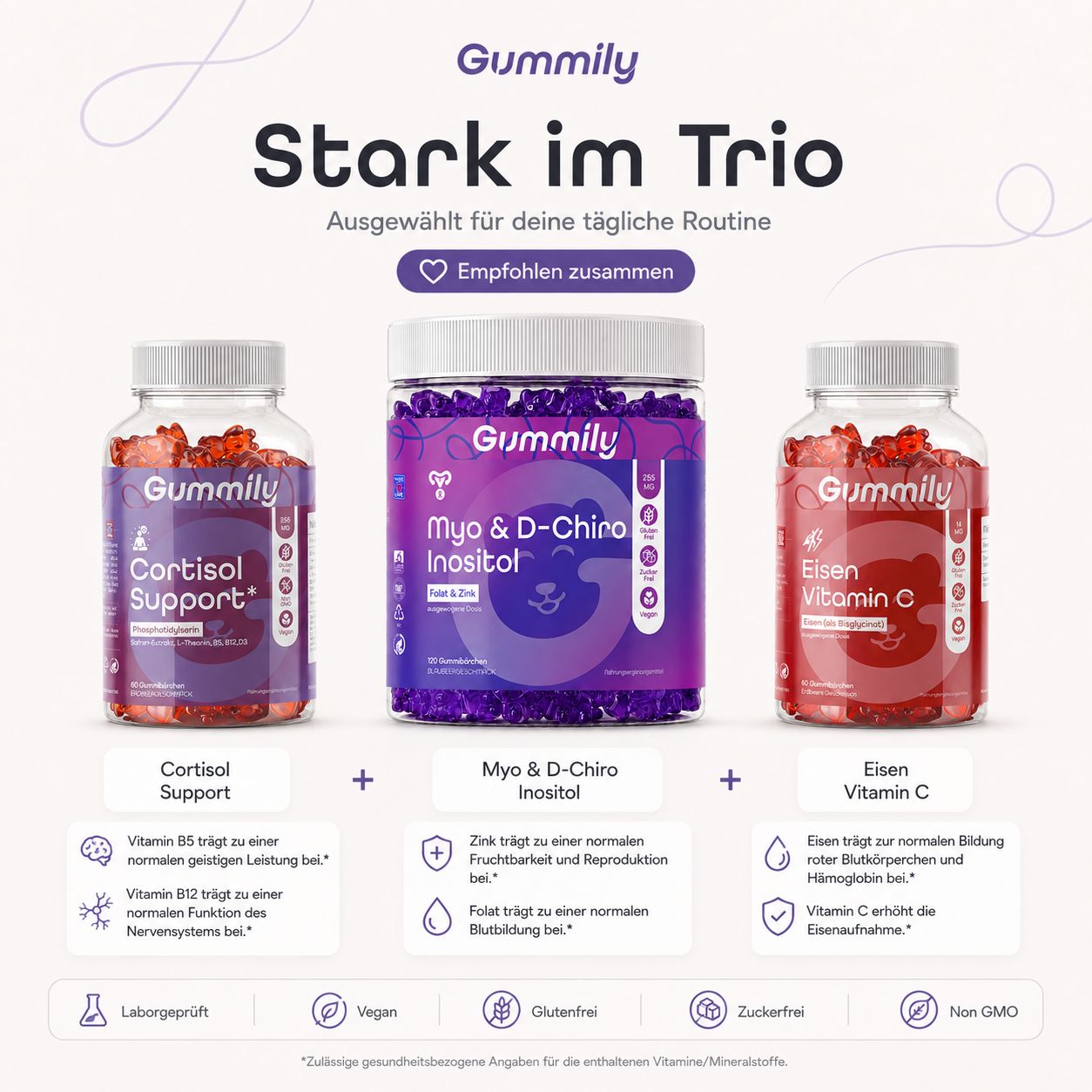 Drei Gummily Produkte: Cortisol Support, Myo & D-Chiro Inositol, Eisen Vitamin C.