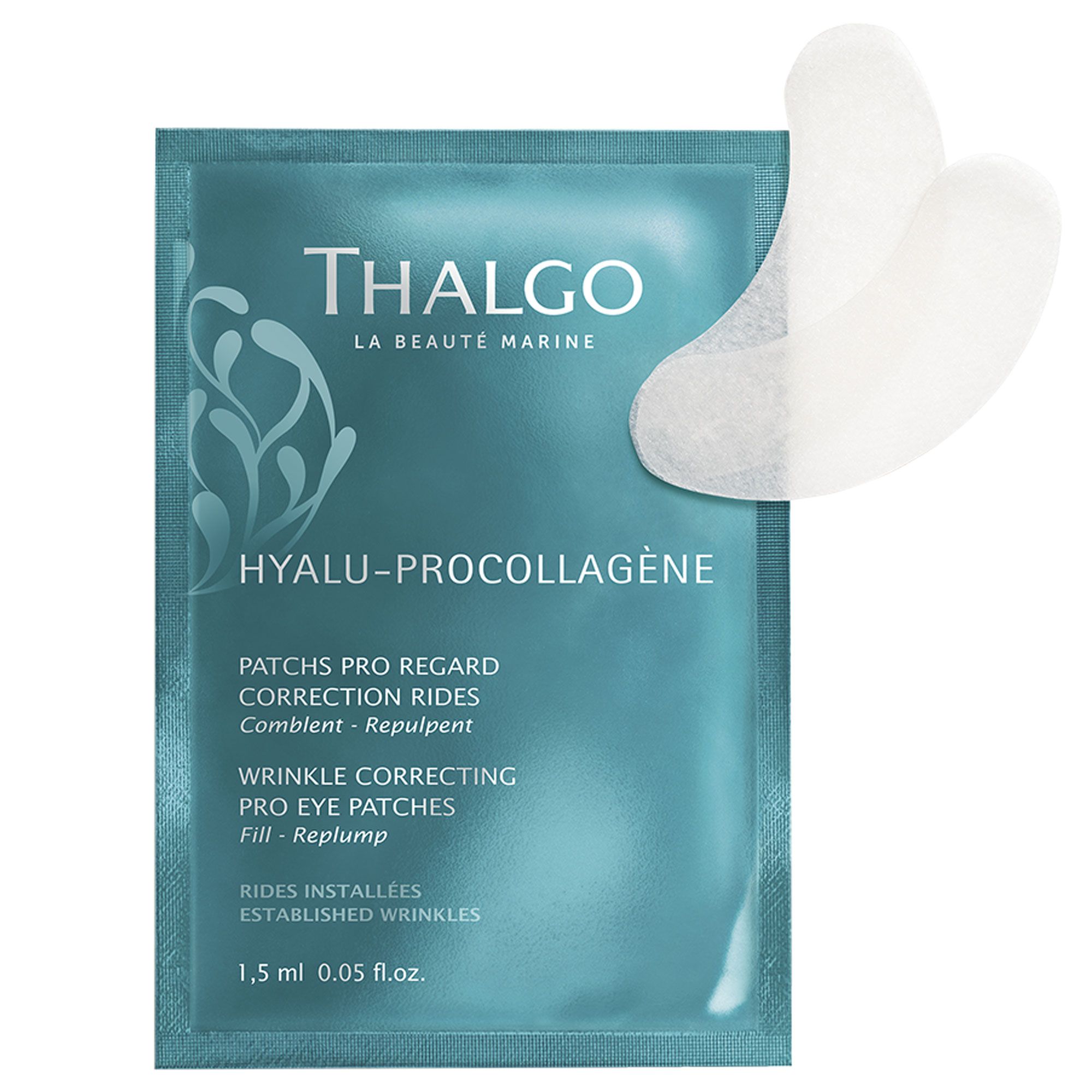 Blau-grüne Verpackung mit Augenpads. Aufschrift: THALGO, HYALU-PROCOLLAGÈNE. Augenpads liegen daneben.