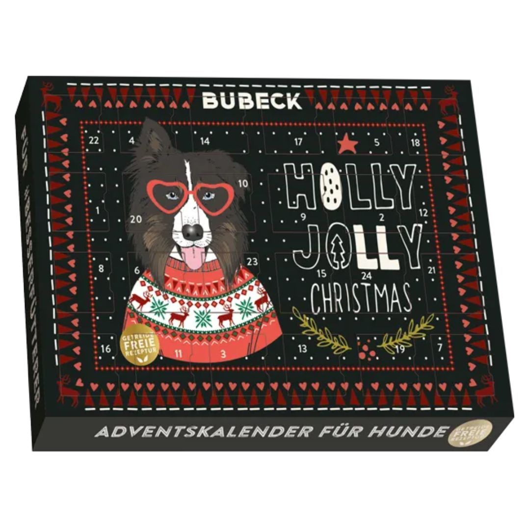 Adventskalender für Hunde. Schwarze Box mit Hund im Weihnachtspullover und Brille. Schriftzug "HOLLY JOLLY CHRISTMAS".