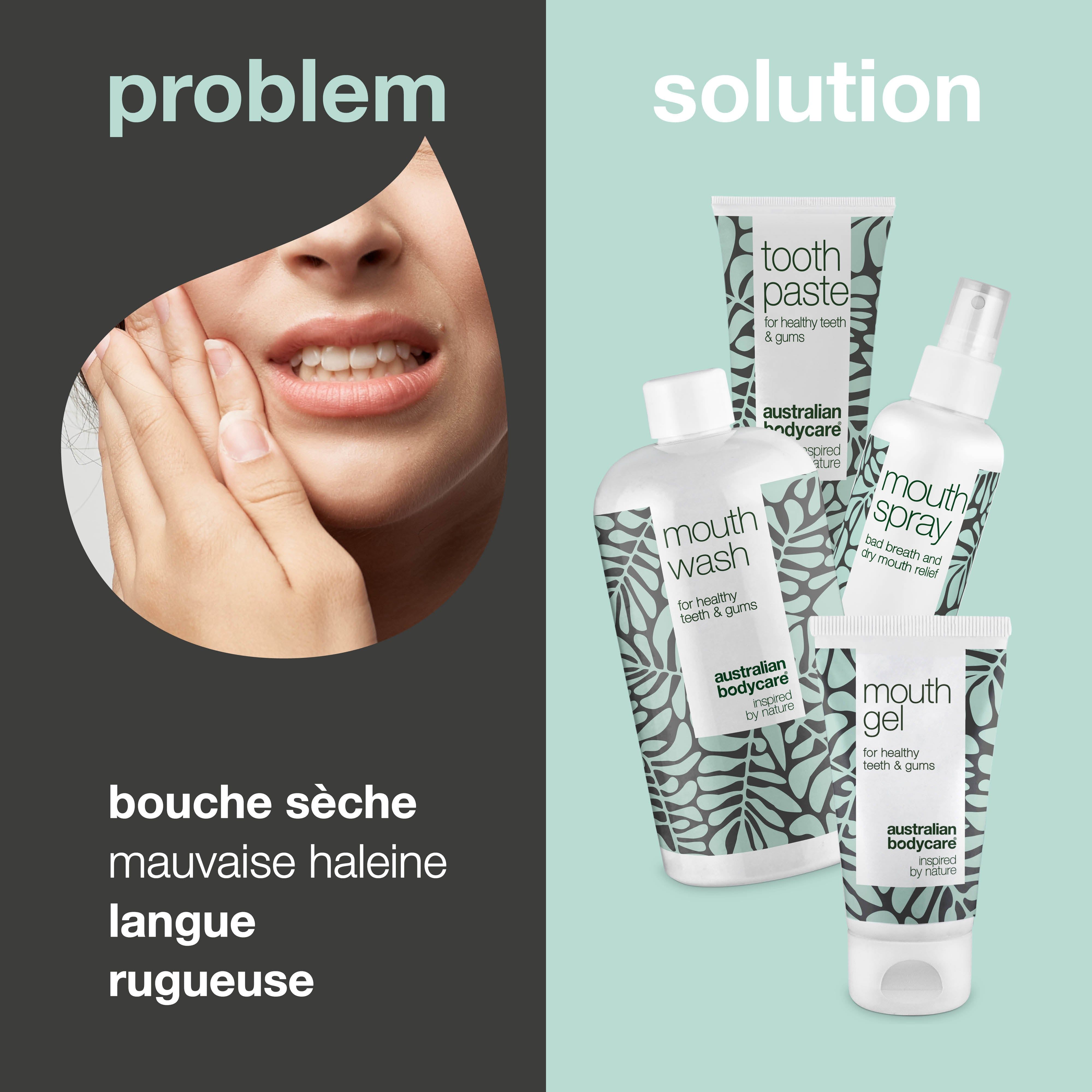 Graphique avec problème et solution. Montre des produits de soins bucco-dentaires. Texte : bouche sèche, mauvaise haleine, langue rugueuse.