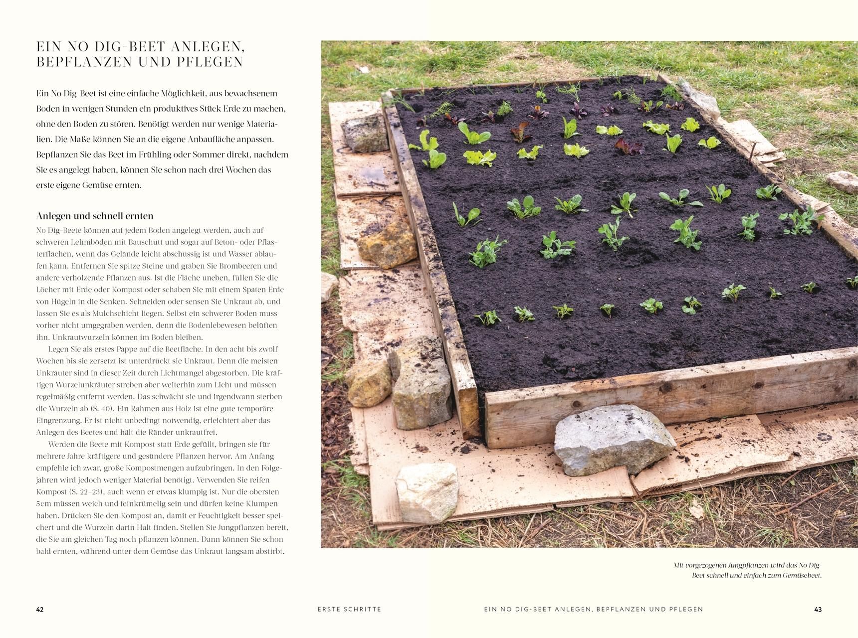 Buchseite: Foto von einem Beet mit Setzlingen. Text in deutscher Sprache. Anleitung zur Gartenpflege.