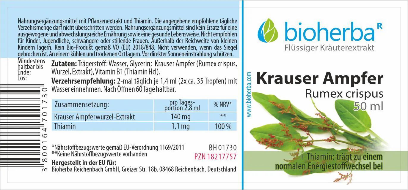 Etikett mit Text und Logo. Beschriftung: Bioherba, Krauser Ampfer, Rumex crispus, 50 ml. Zutaten, Verzehrempfehlung, Nährwertangaben.