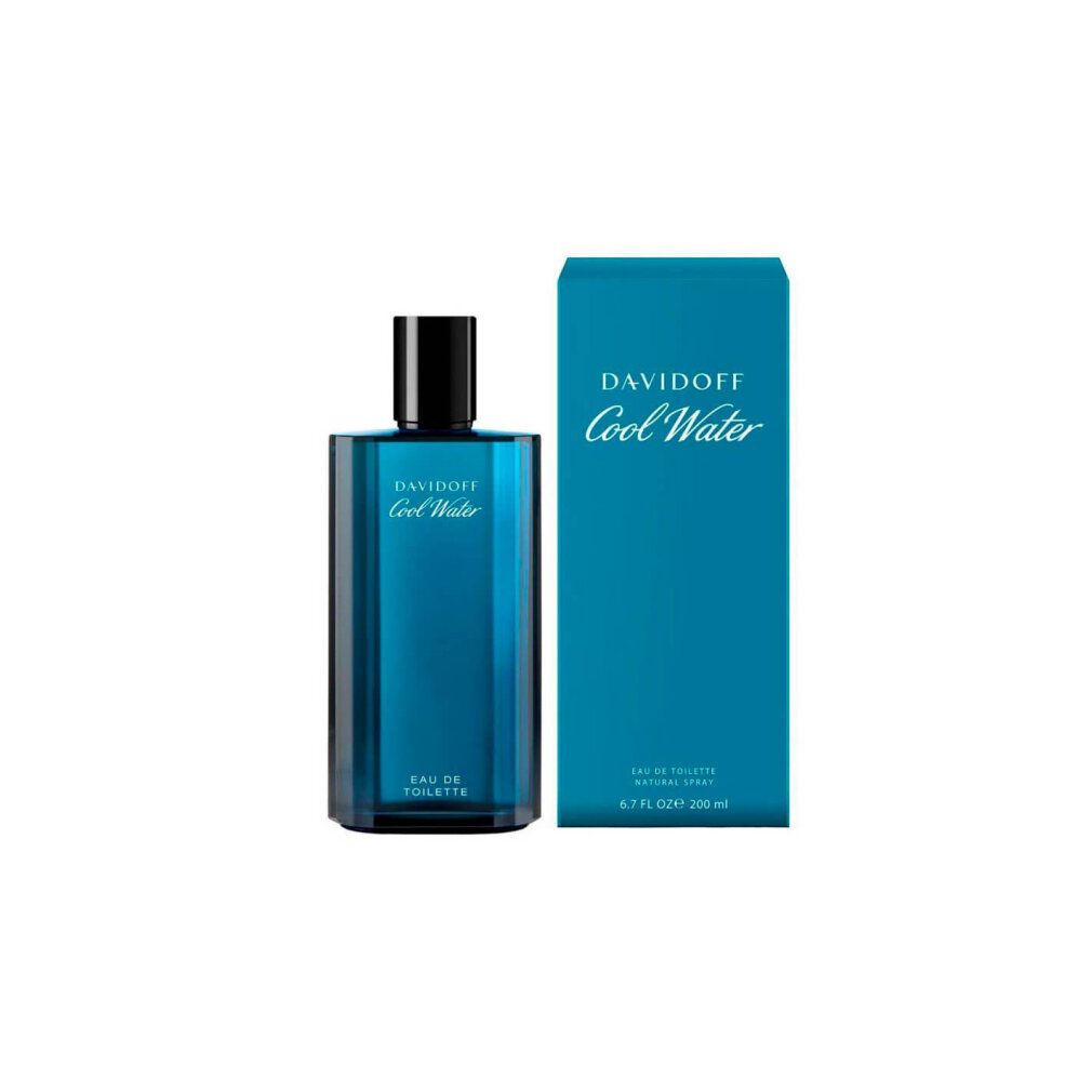 Blaues Eau de Toilette-Flakon und Schachtel. Aufschrift: Davidoff Cool Water. Eau de Toilette Natural Spray.