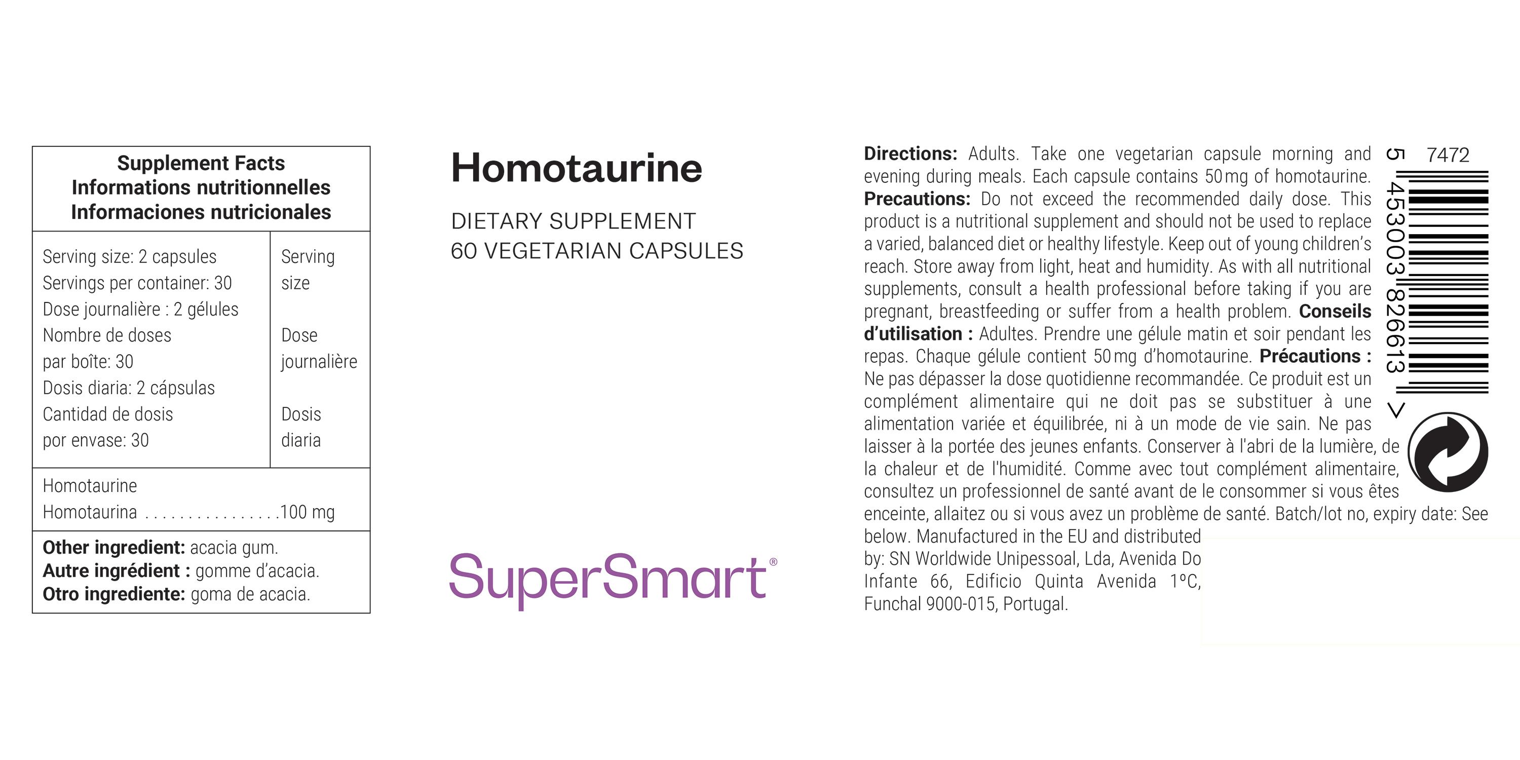 Etikett mit Produktinformationen. Homotaurin, Nahrungsergänzungsmittel, 60 Kapseln. SuperSmart-Logo.