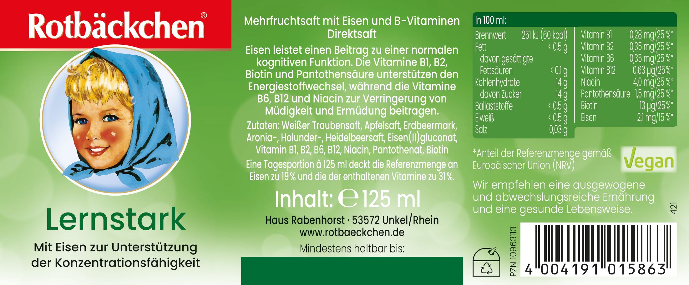 Grünes Etikett mit Aufschrift: Rotbäckchen Lernstark. Enthält Informationen zu Inhaltsstoffen und Nährwerten. Vegan-Siegel.