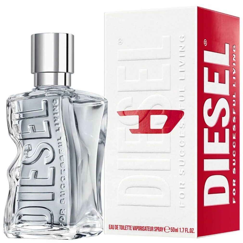 Klarer Flakon mit silbernem Verschluss und weiß-roter Verpackung. Aufschrift DIESEL. FOR SUCCESSFUL LIVING.