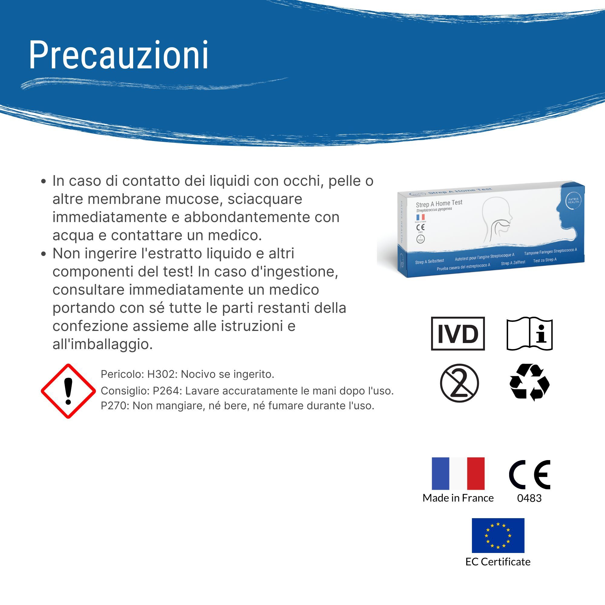 Precauzioni per il test Strep A Patris Health®. Contiene avvertenze e informazioni per un uso sicuro.