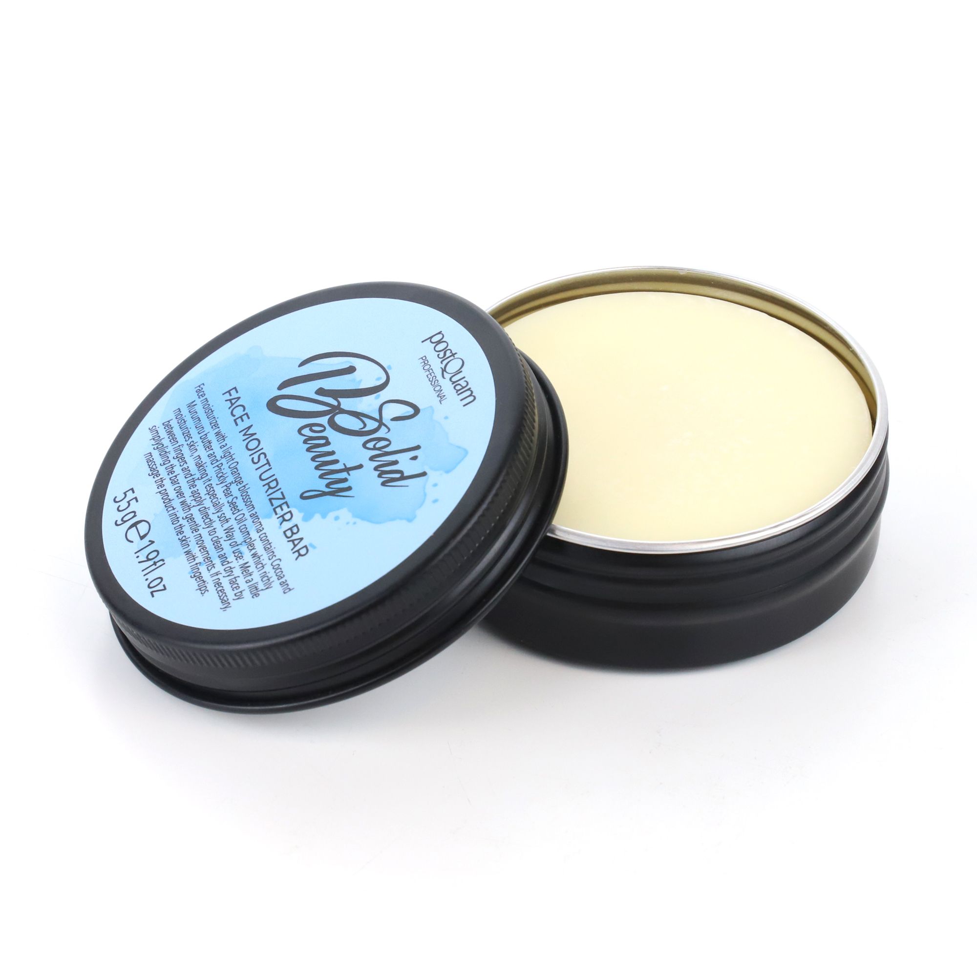 Offene, schwarze Dose mit cremefarbenem Feststoff. Deckel mit blauer Aufschrift: "Solid Beauty Face Moisturizer Bar".