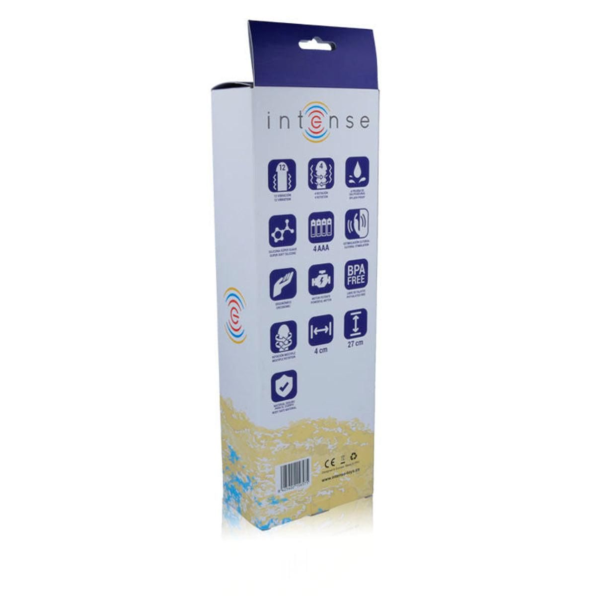 Verpackung mit Icons und Text. Aufdruck: intense. Icons für Funktionen und Zertifizierungen. Barcode unten.