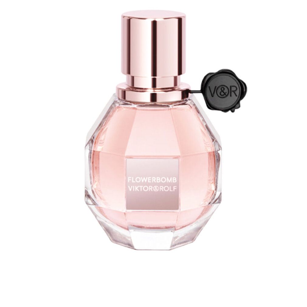 Flowerbomb-Parfümflakon von Viktor & Rolf. Facettierter Glasflakon mit roségoldfarbenem Verschluss und schwarzem Anhänger.