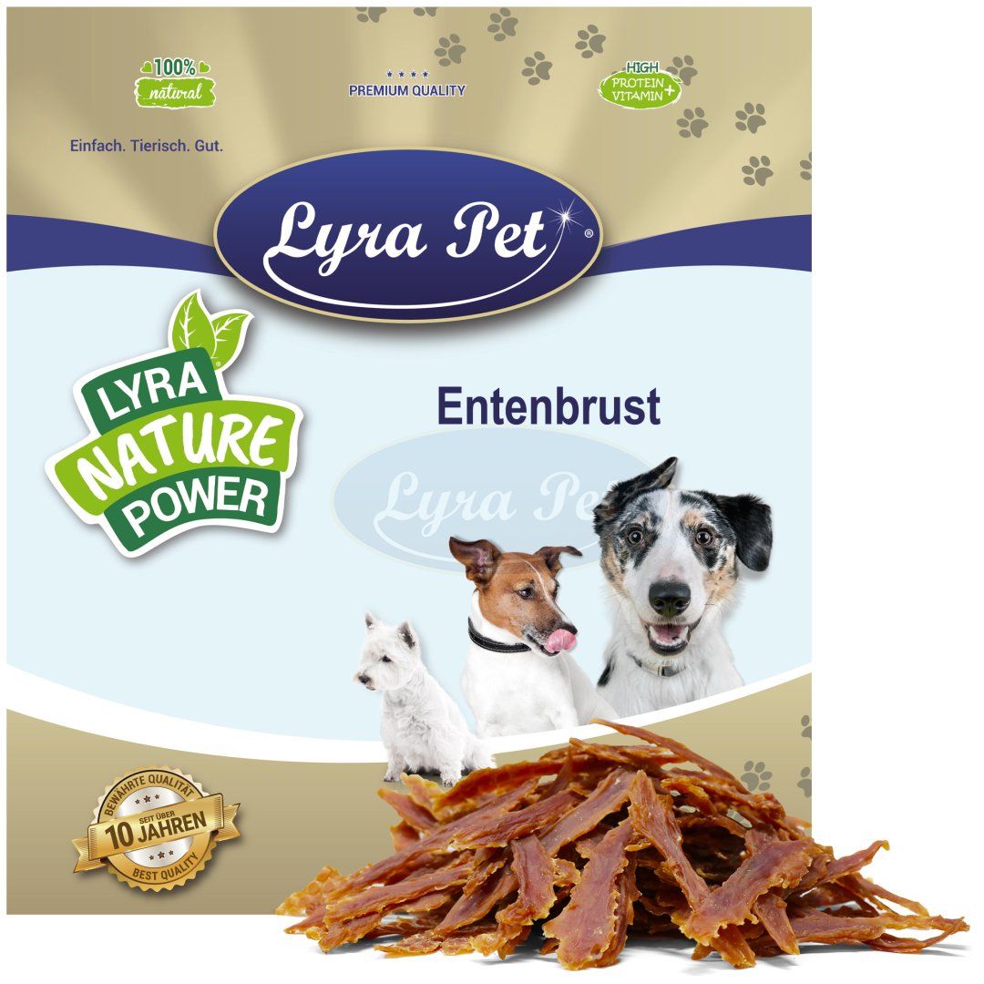Lyra Pet Entenbrust-Packung. Produkt mit Logo, Text und Hundeabbildungen. Aufschrift: 100% natürlich, Premium Qualität.