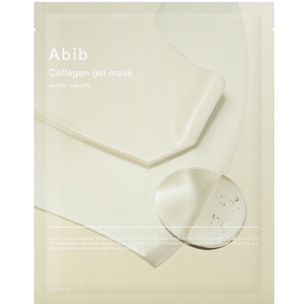 Abib Collagen Gel Mask. Weiße Verpackung mit Produktnamen und transparenten Elementen. Aufschrift: Collagen gel mask.