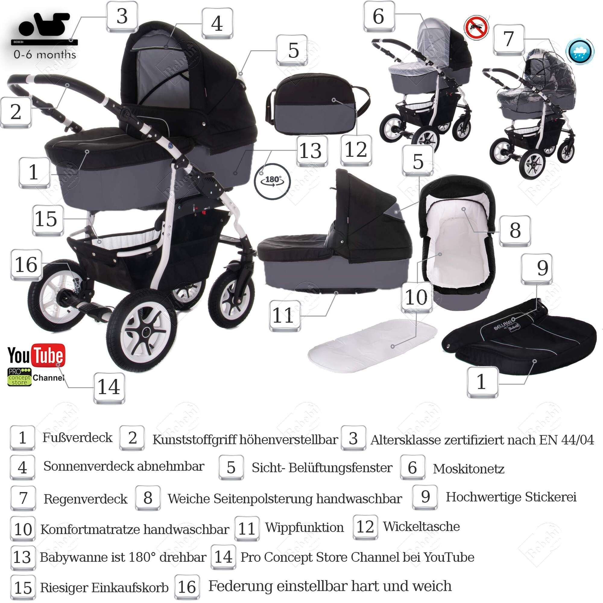 Bebebi Bellami 4 in 1 Kinderwagen Komplettset ISOFIX Basis Luftreifen, Bellagrigio