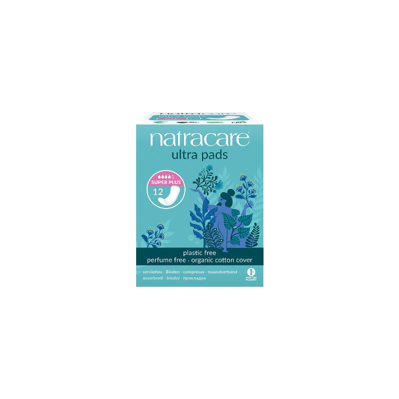 Verpackung Natracare Ultra Damenbinden Super Plus. 12 Stück. Türkis-weißes Design mit floralen Elementen. Text: 'plastic free'.