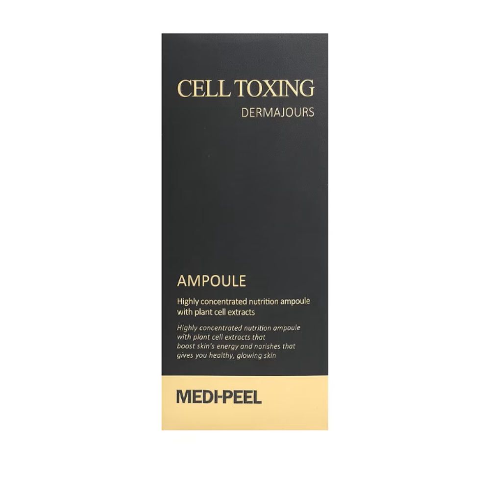 Schwarze Verpackung mit goldfarbenem Boden. Aufschrift: CELL TOXING DERMAJOURS, AMPULE, MEDI-PEEL.