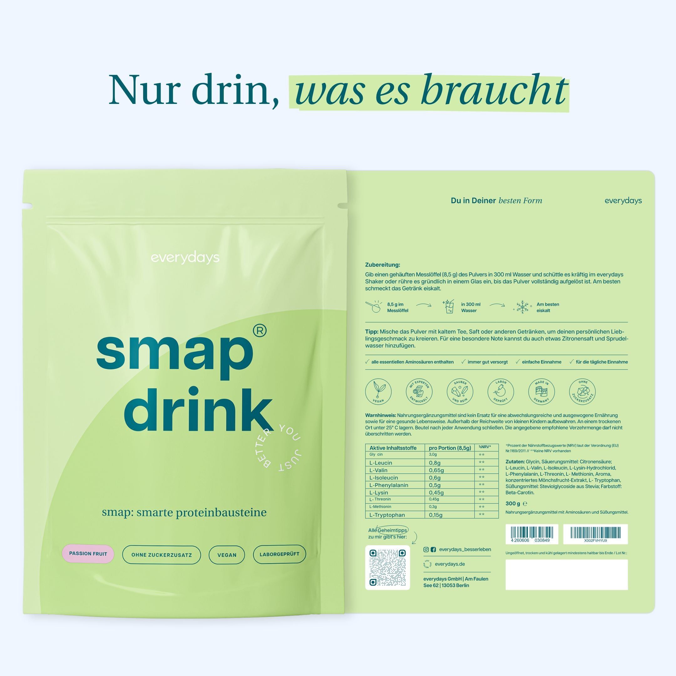 Geöffnete Verpackung "smap drink". Aufgedruckte Informationen: Nährwertangaben, Inhaltsstoffe, Zertifizierungen, QR-Code.