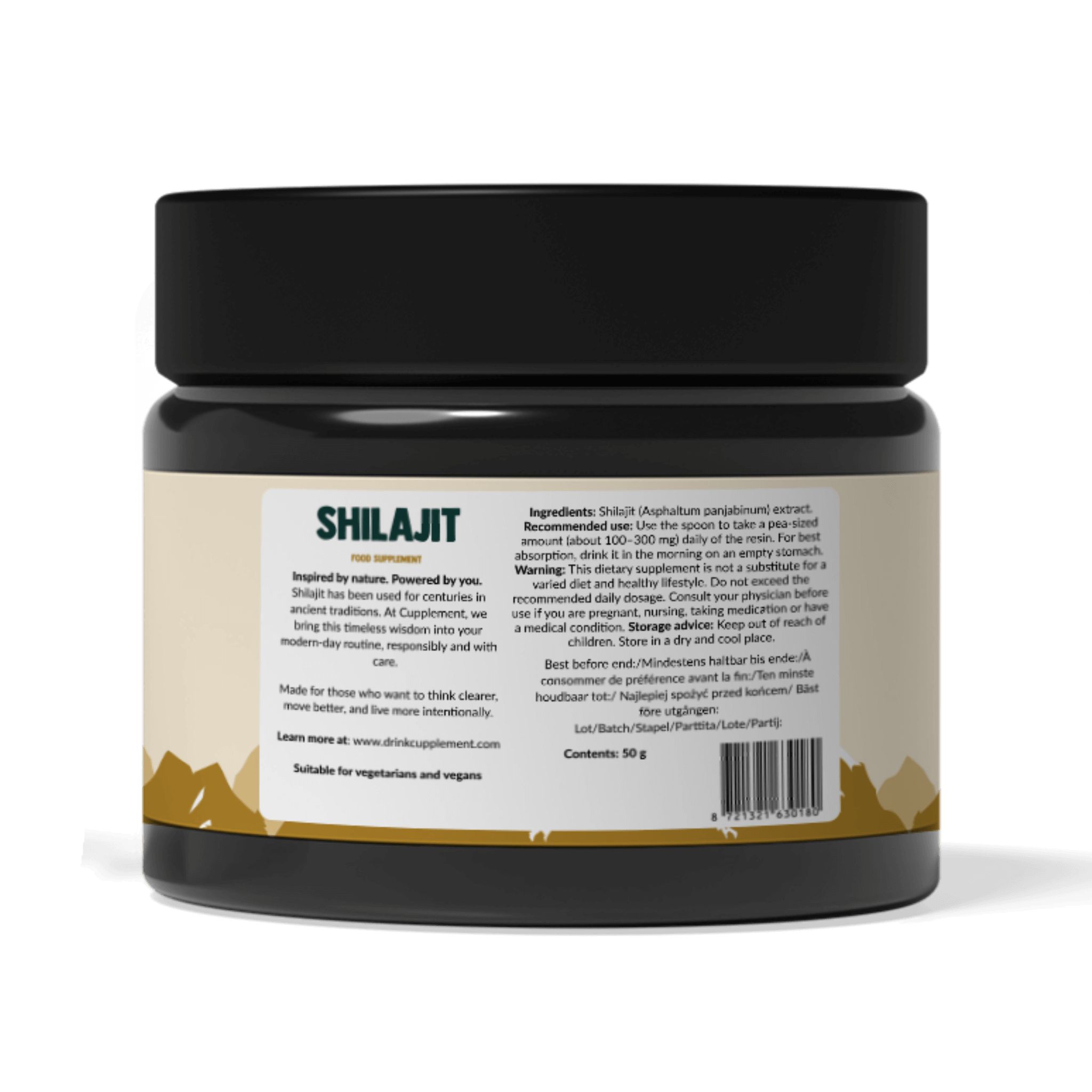 Schwarzes Glas mit Etikett. Aufschrift: Shilajit. Enthält 50g. Geeignet für Vegetarier und Veganer.