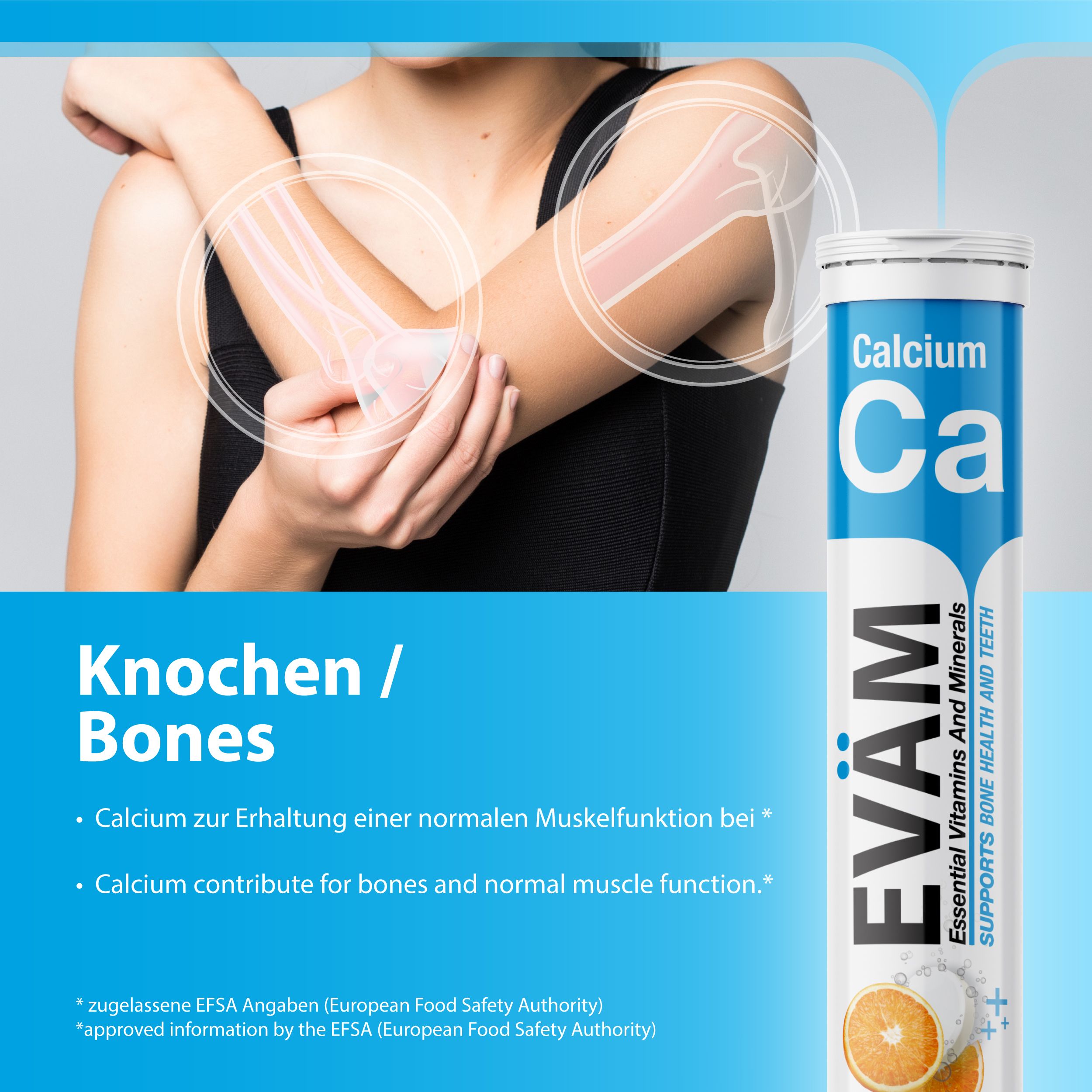 Eine Frau hält ihren Arm, daneben eine Tube EVÄM Calcium. Text über Knochen und Muskeln, mit Produktlogo.
