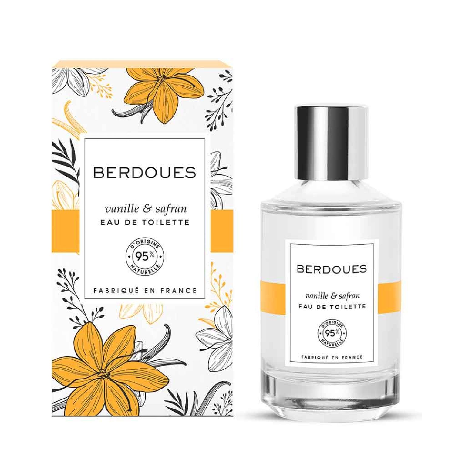 Eine Flasche und eine Schachtel. Auf der Flasche und der Schachtel steht "BERDOUES vanille & safran EAU DE TOILETTE". Auf der Schachtel ist eine Blume abgebildet.