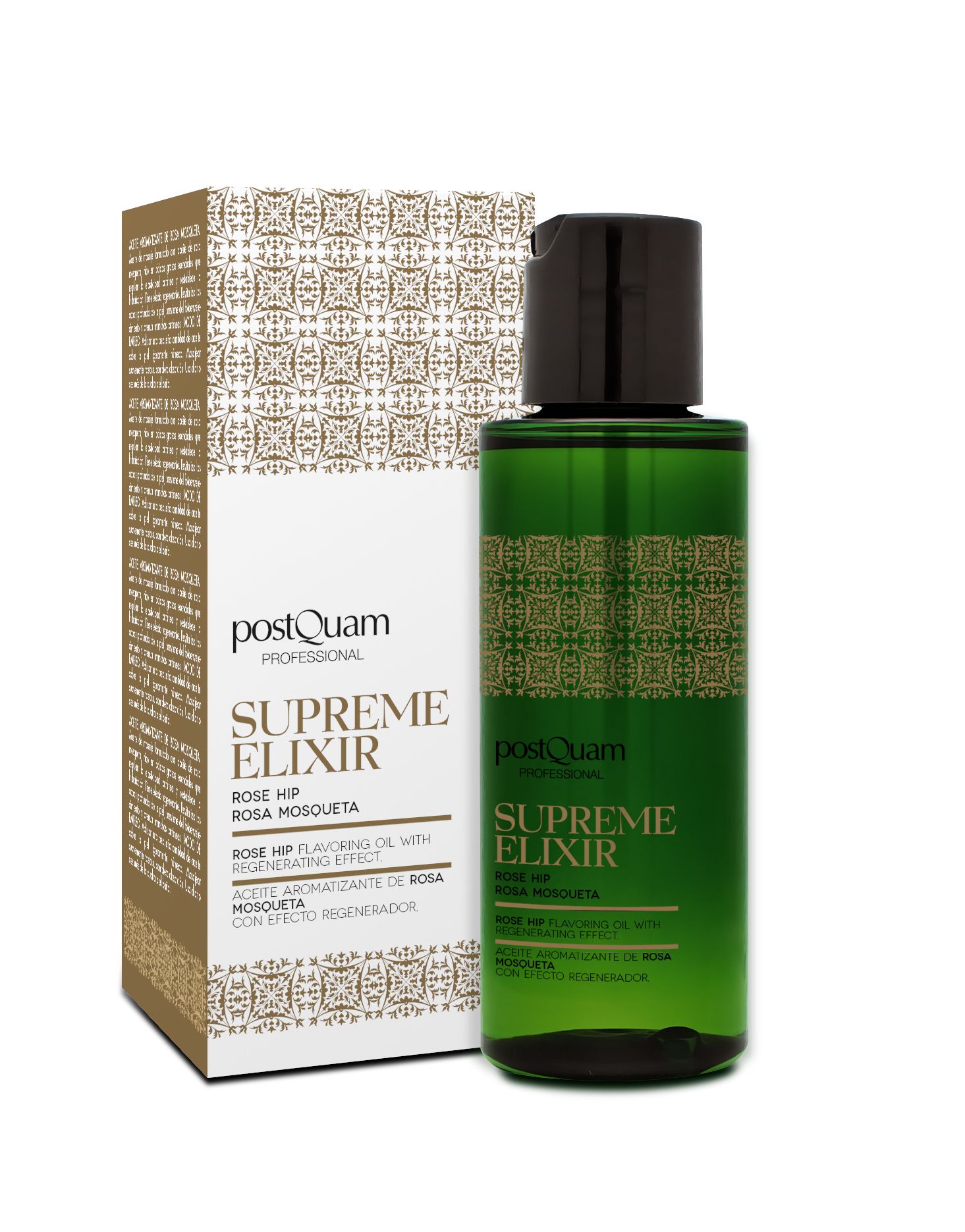 Grüne Flasche mit schwarzem Deckel und Verpackung. Aufschrift: Postquam Supreme Elixir Rose Hip.