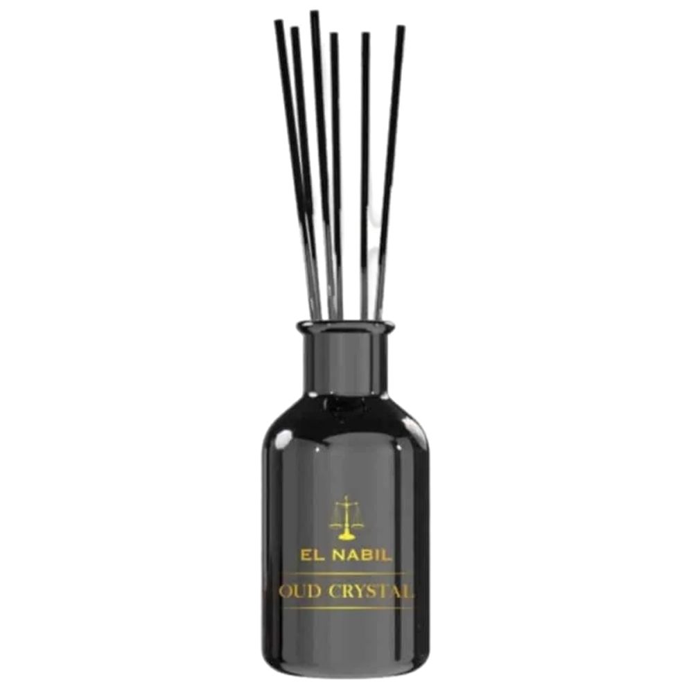 Schwarzer Duftdiffusor mit schwarzen Stäbchen. Auf dem Etikett steht "EL NABIL OUD CRYSTAL".