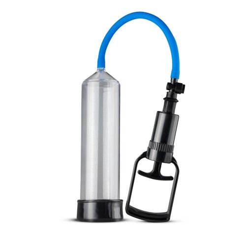 Transparente Pumpe mit schwarzem Griff und blauem Schlauch. Zylindrischer Körper, Griff mit Handgriff.