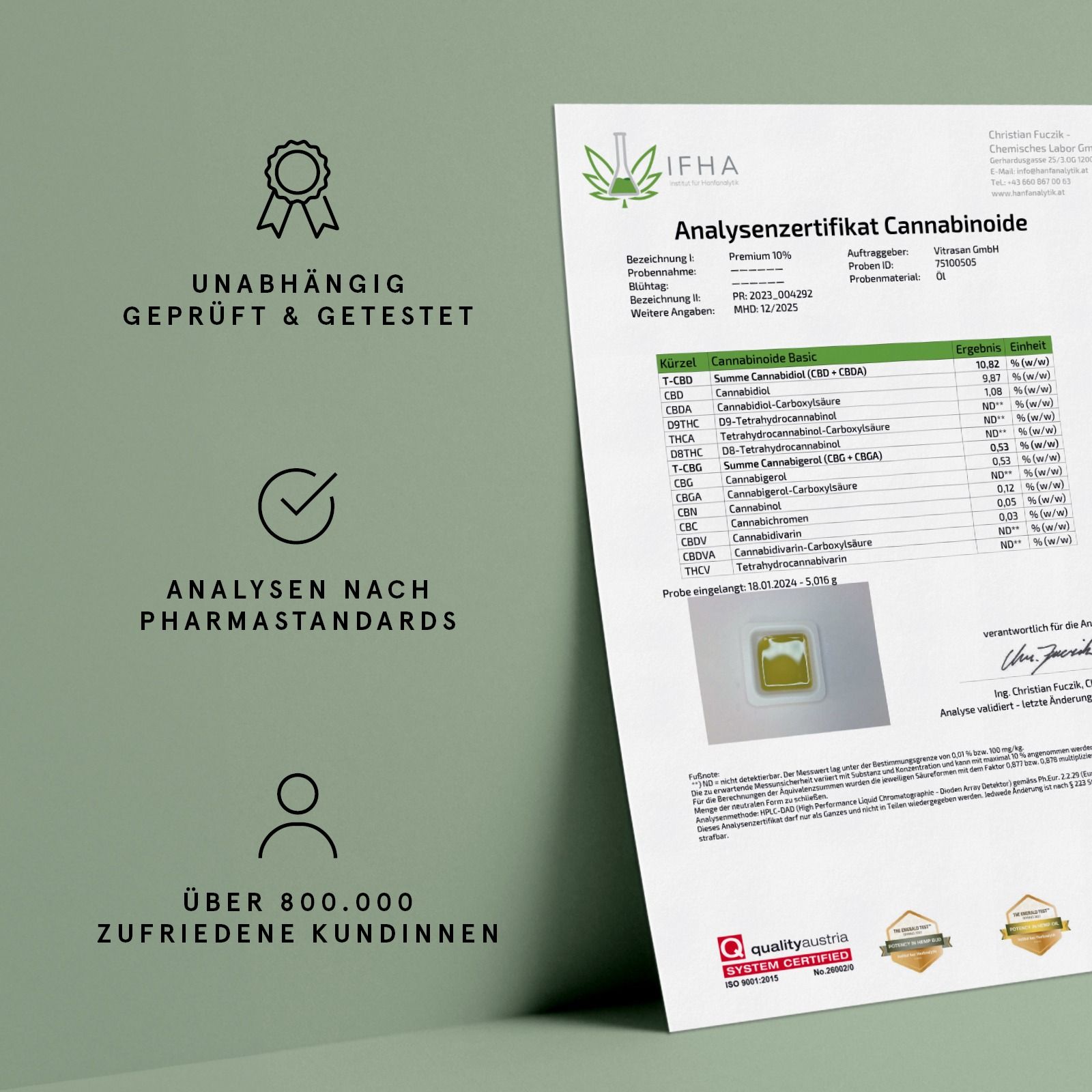 Analyse-Zertifikat Cannabinoide für CBD VITAL Hanföl. Prüfsiegel und Kundenzufriedenheit.