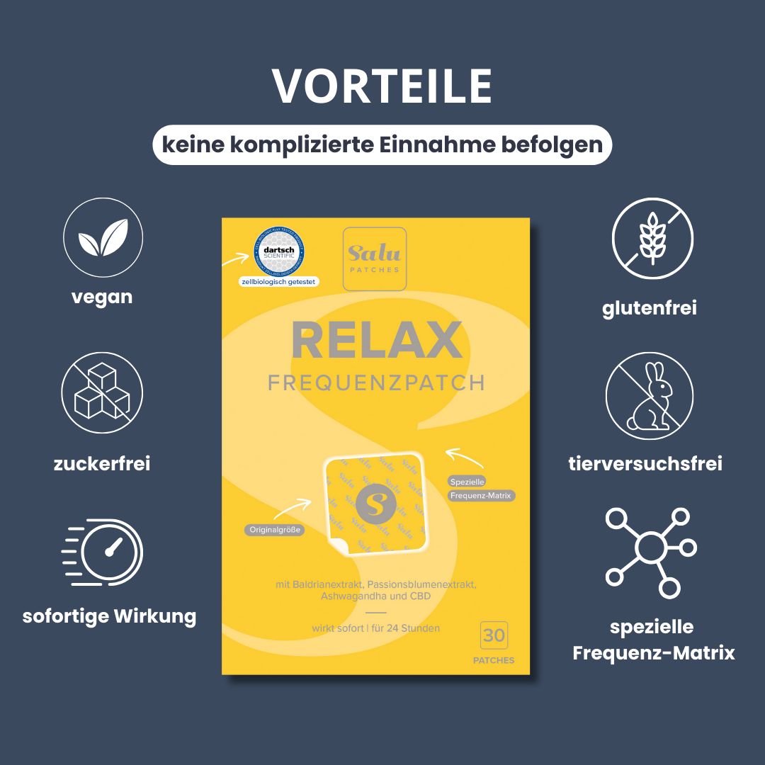 Gelbe Verpackung "Salu Patches Relax Frequenzpatch". Vegan, glutenfrei, zuckerfrei, tierversuchsfrei. 30 Patches.