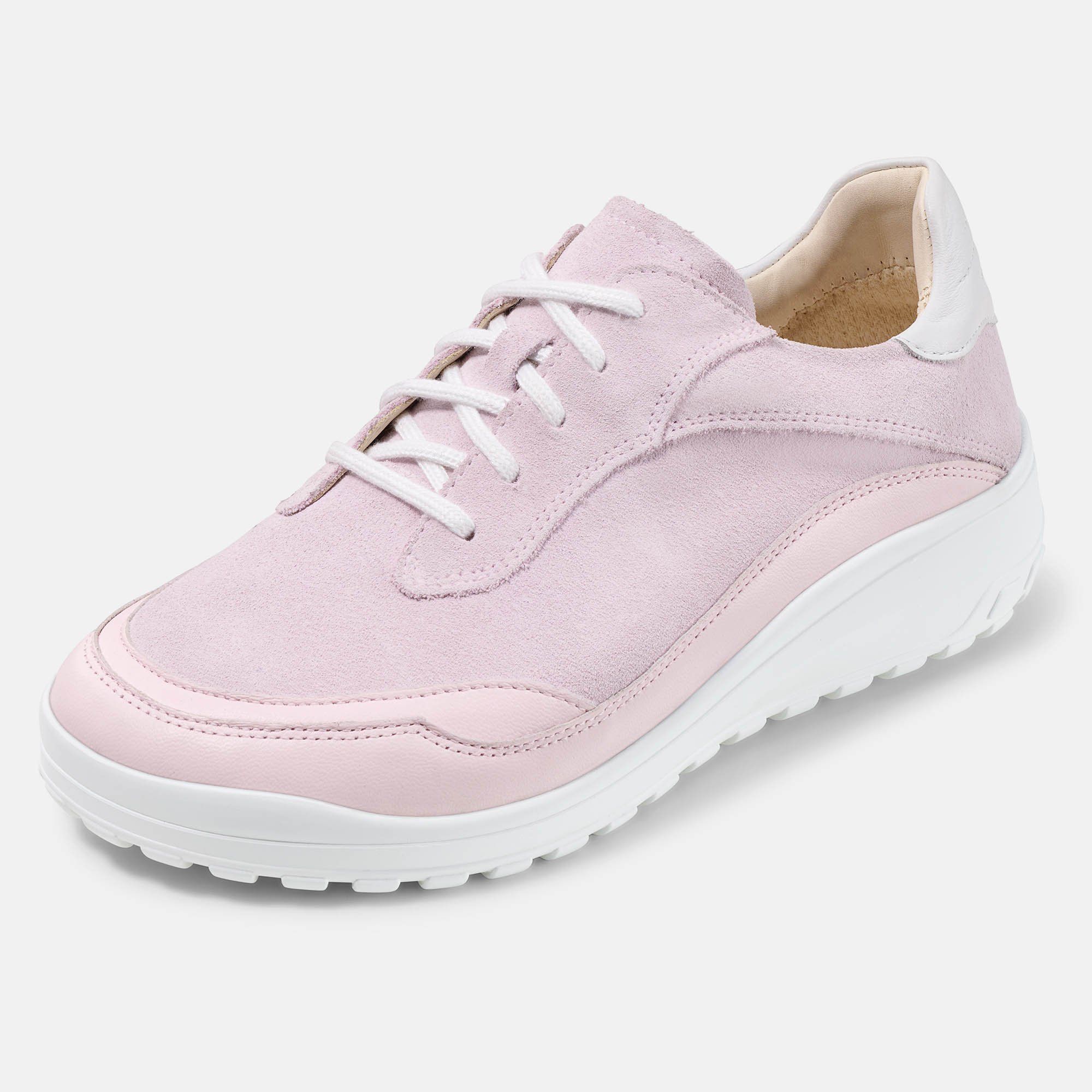 Rosa Schnürschuh mit weißer Sohle. Obermaterial aus Wildleder, weiße Schnürsenkel. Weißer Einsatz an der Ferse.