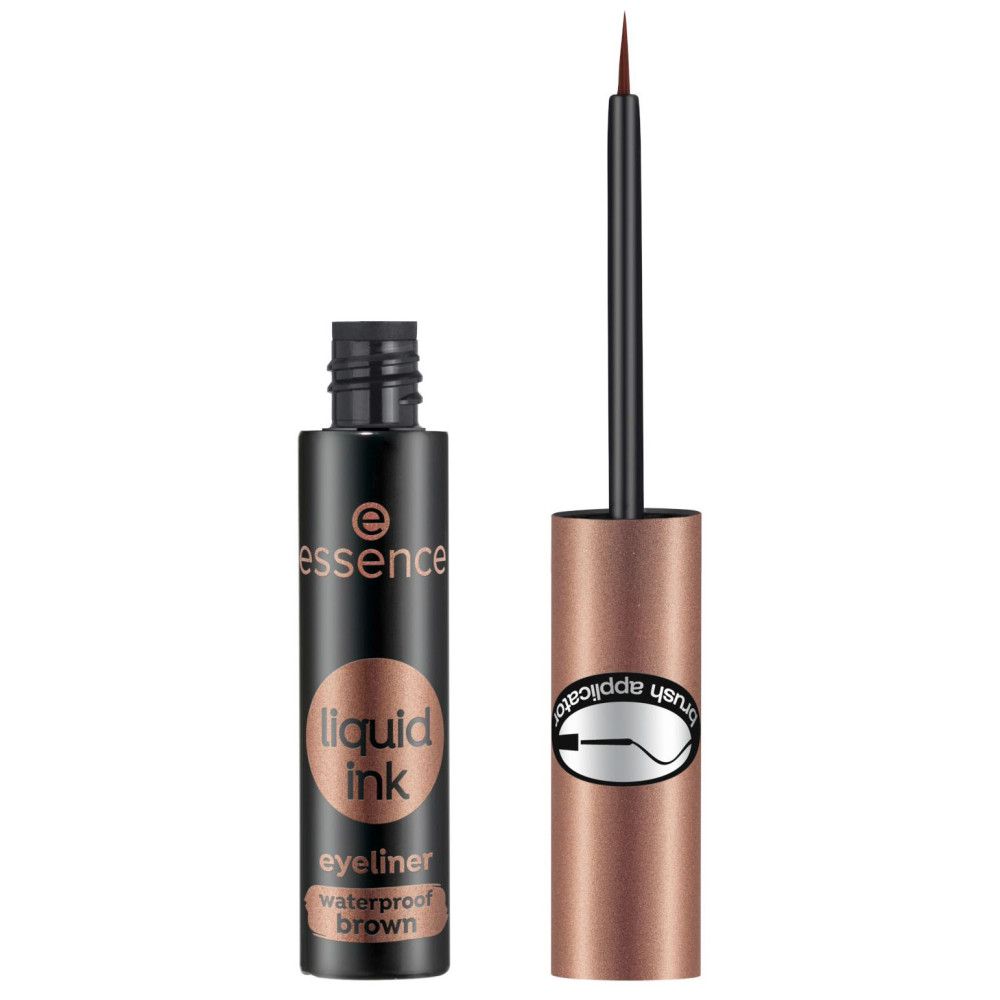 Essence Flüssiger wasserfester Tinten-Eyeliner. Flasche und Deckel. Schwarzer Schriftzug: liquid ink eyeliner waterproof brown. Pinselapplikator.
