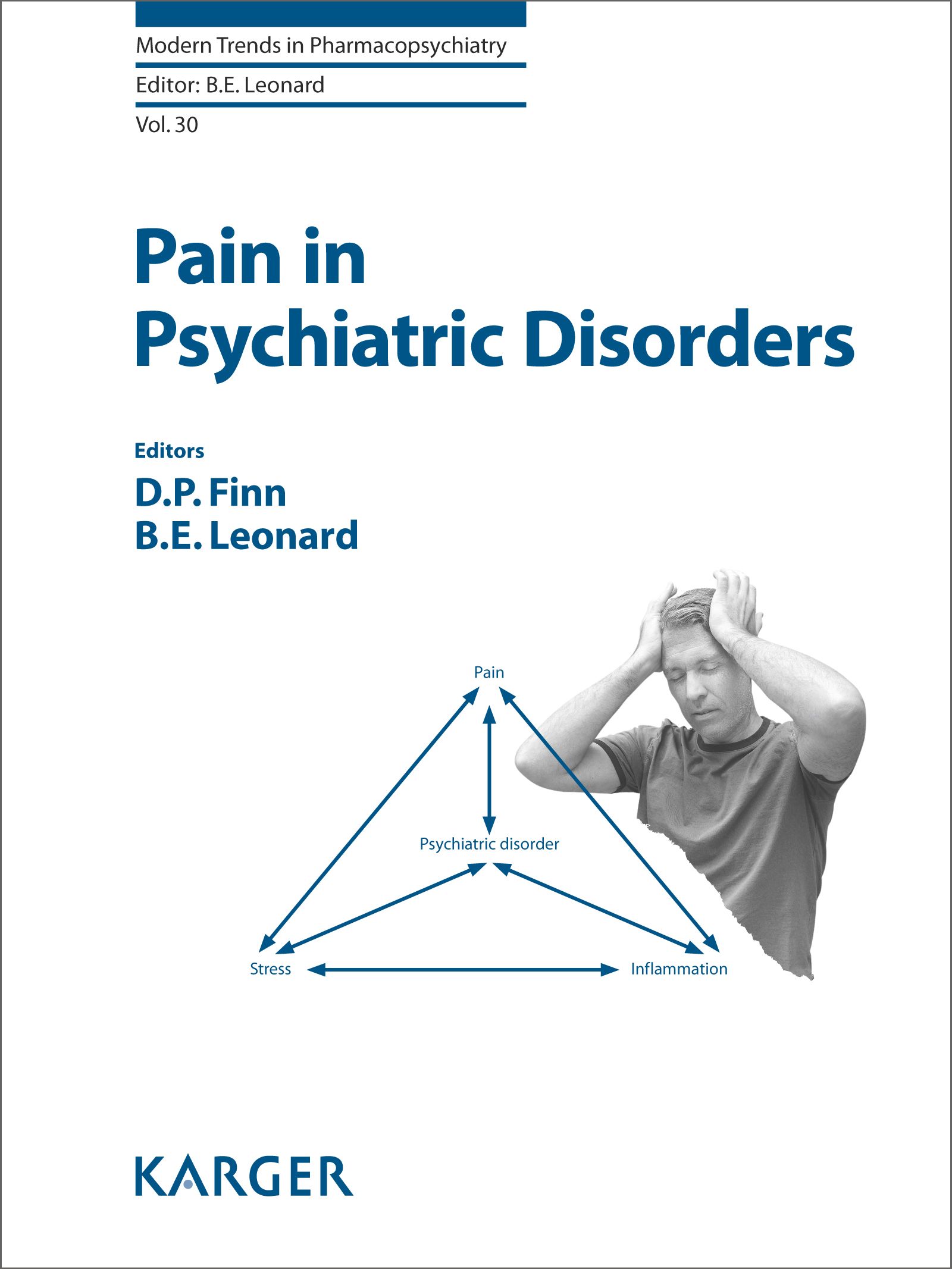 Buchcover: "Pain in Psychiatric Disorders". Titel in Blau. Dreieck mit Begriffen wie Schmerz, psychische Störung und Stress. Verlag: Karger.
