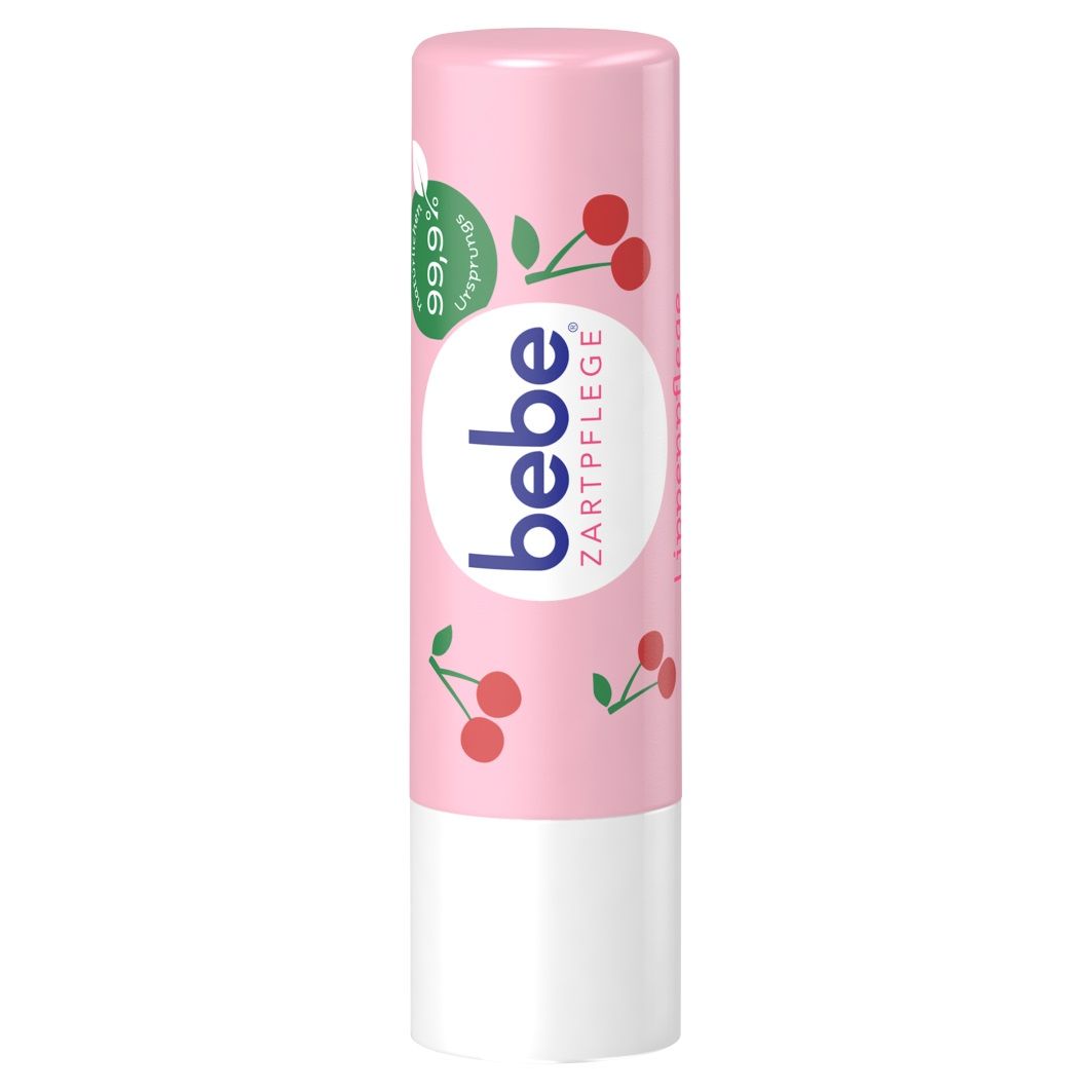 Lippenpflegestift, rosa mit Kirschmuster und "bebe Zartpflege" Logo. Enthält 99,9% natürlichen Ursprungs.