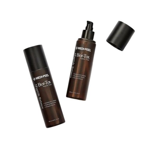 Zwei braune Flaschen mit schwarzem Deckel. Aufschrift: Medipeel Bor-Tox Peptide Toner.