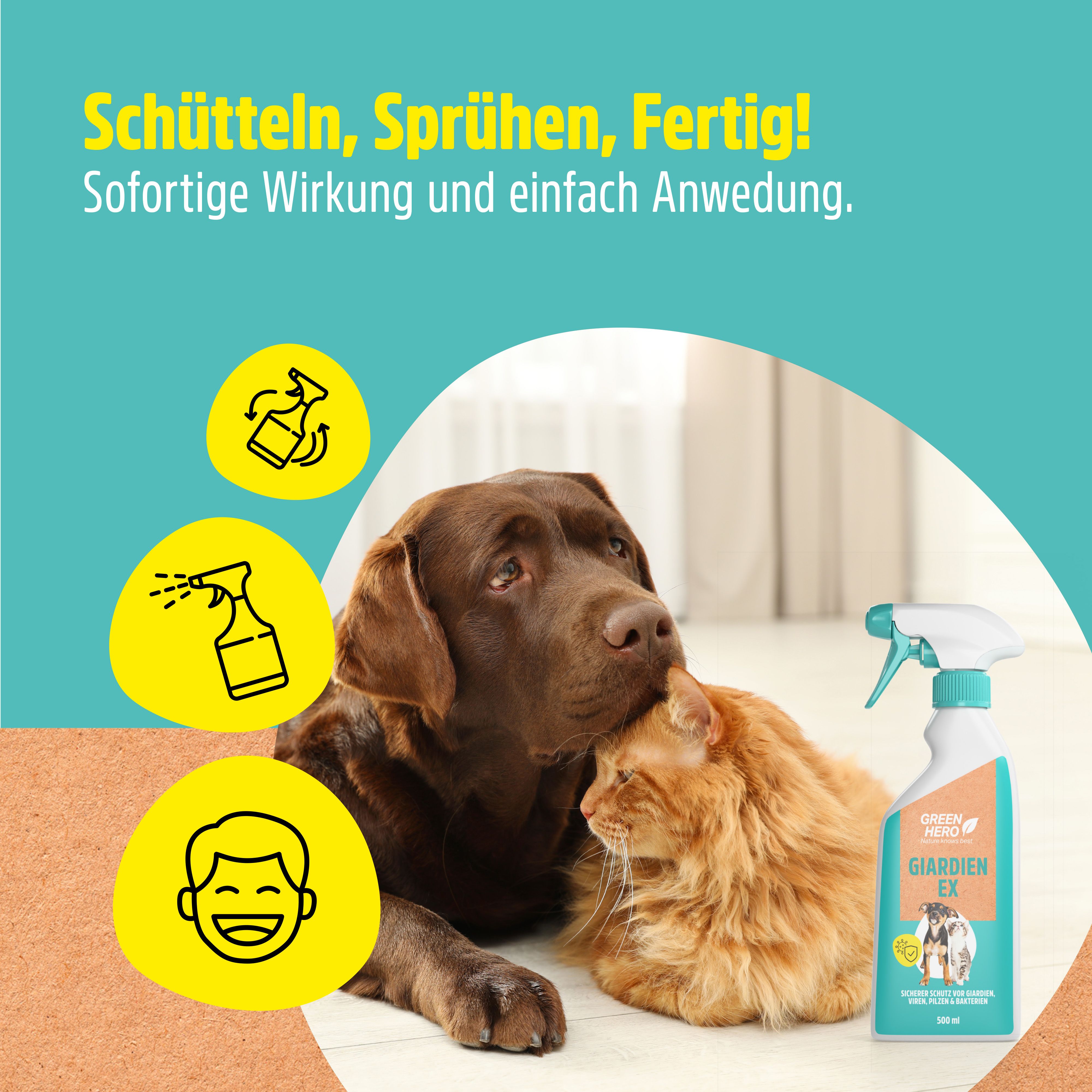 Hund und Katze kuscheln. Sprayflasche daneben. Text: Schütteln, sprühen, fertig!