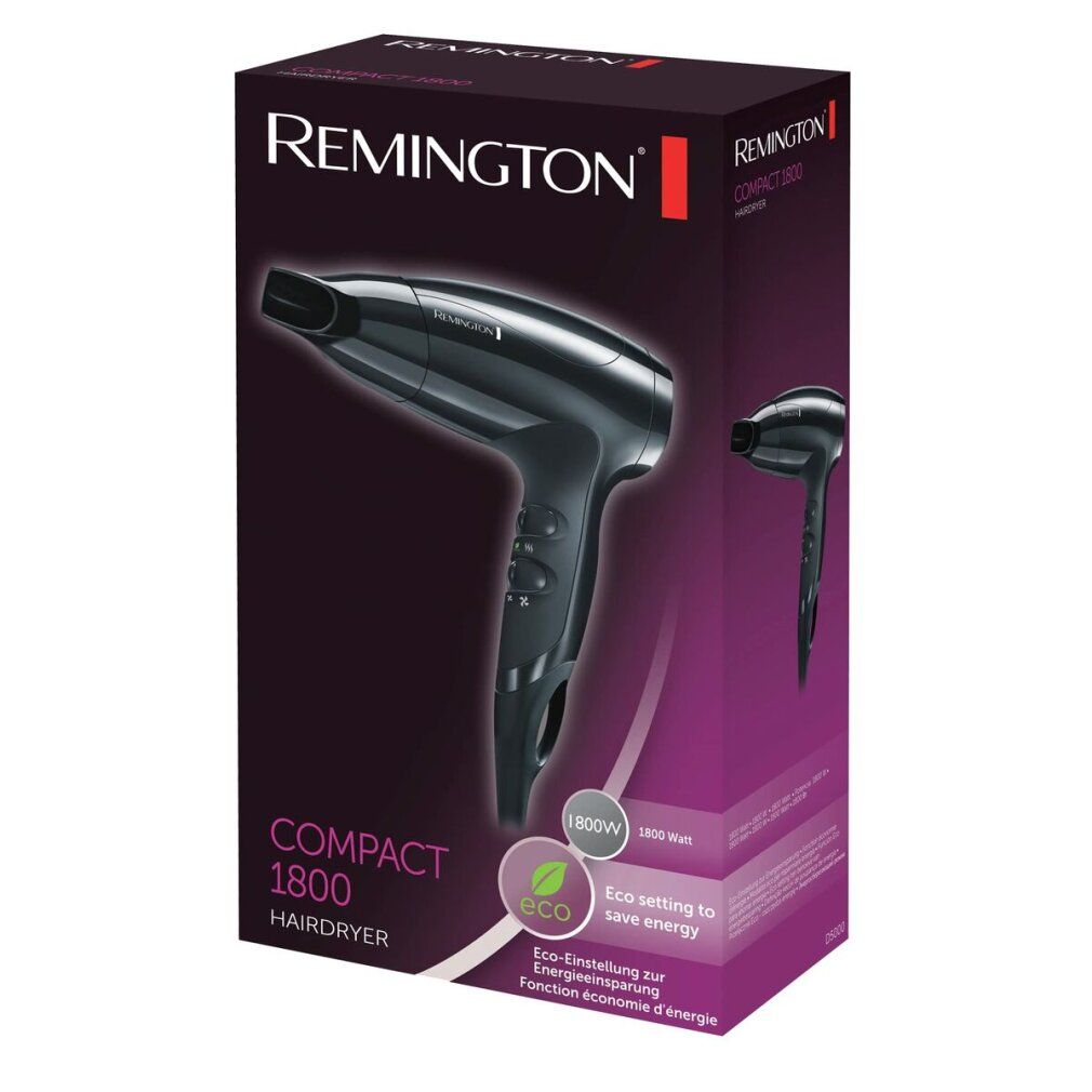 Verpackung für Remington Compact 1800 Haartrockner. Schwarzer Haartrockner auf der Verpackung abgebildet. Lila Akzente.