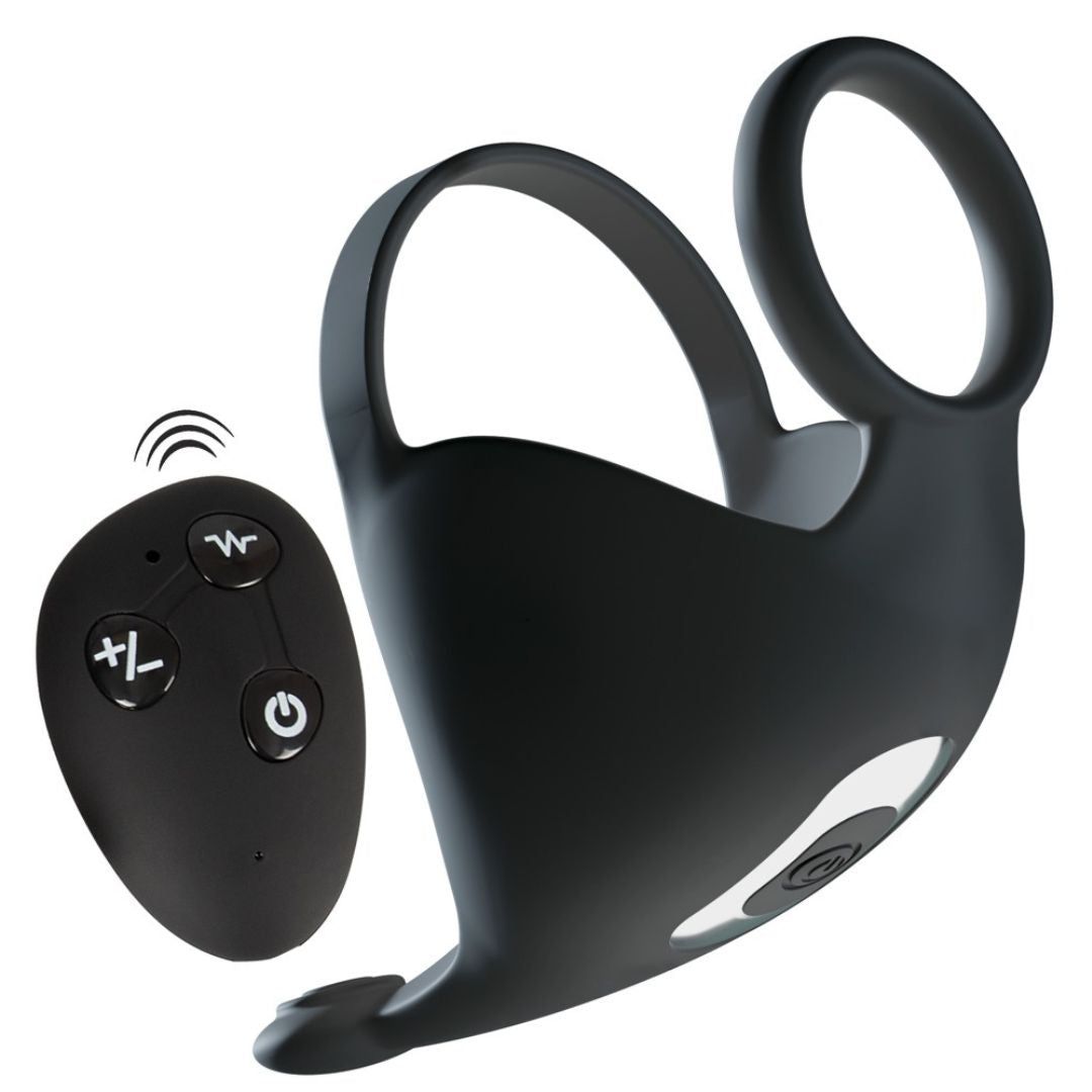 Schwarzer Penis- und Hodenring mit Fernbedienung. Ringe und Vibrator-Einheit. Fernbedienung mit Tasten.