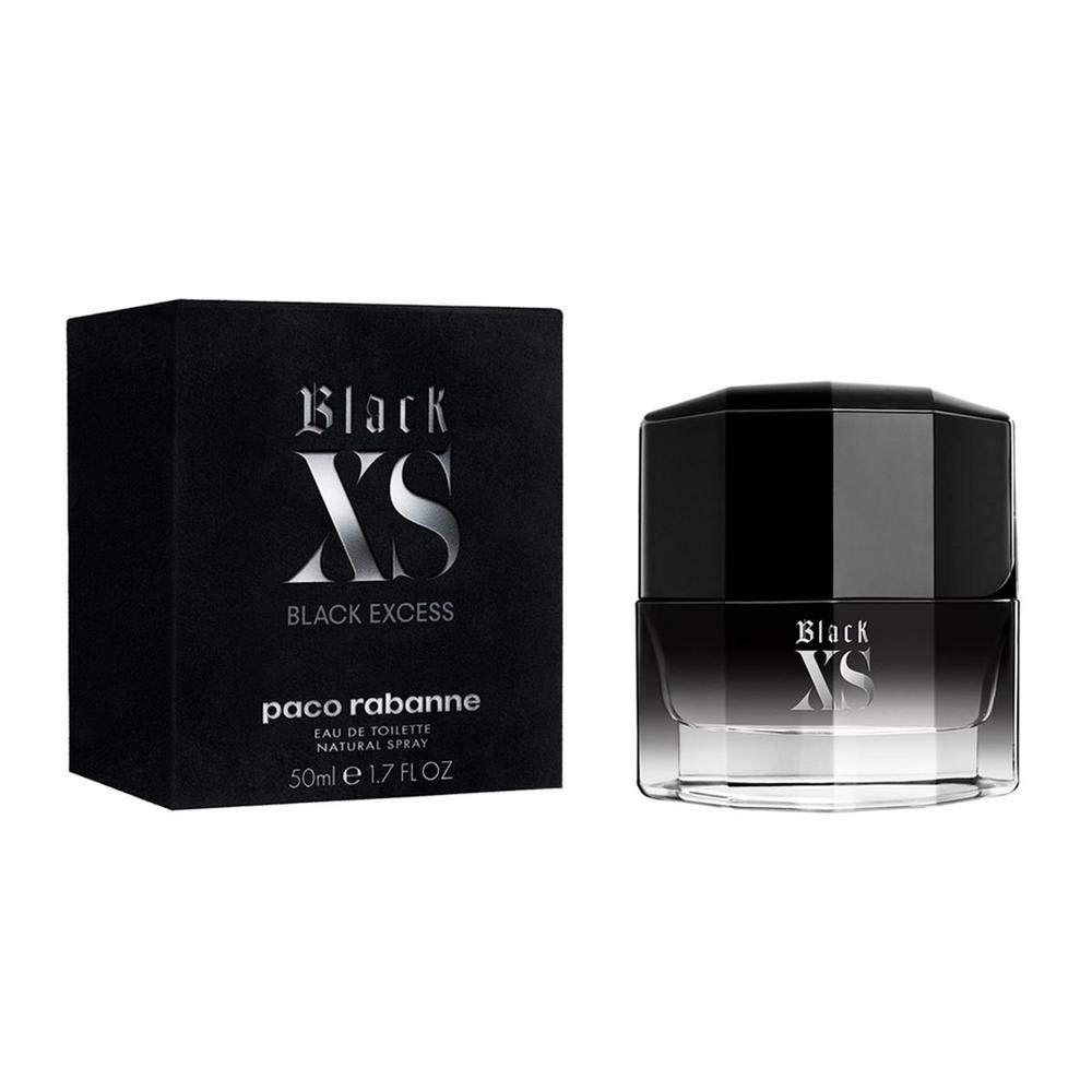 Schwarze Flasche und Box. Aufschrift Black XS, Black Excess, Paco Rabanne. 50ml E 1.7 FL OZ.