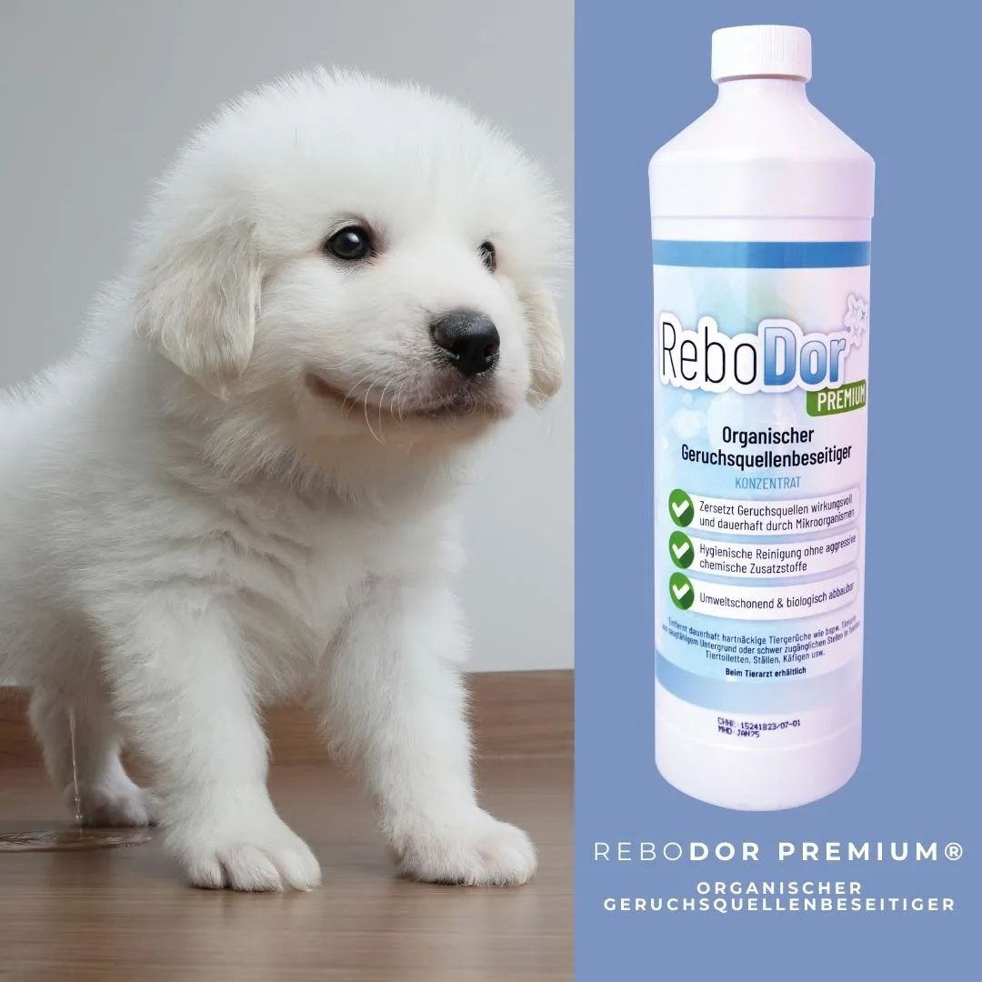 ReboDor Premium® mit weißem Welpen. Flasche mit Geruchsentferner-Konzentrat daneben.