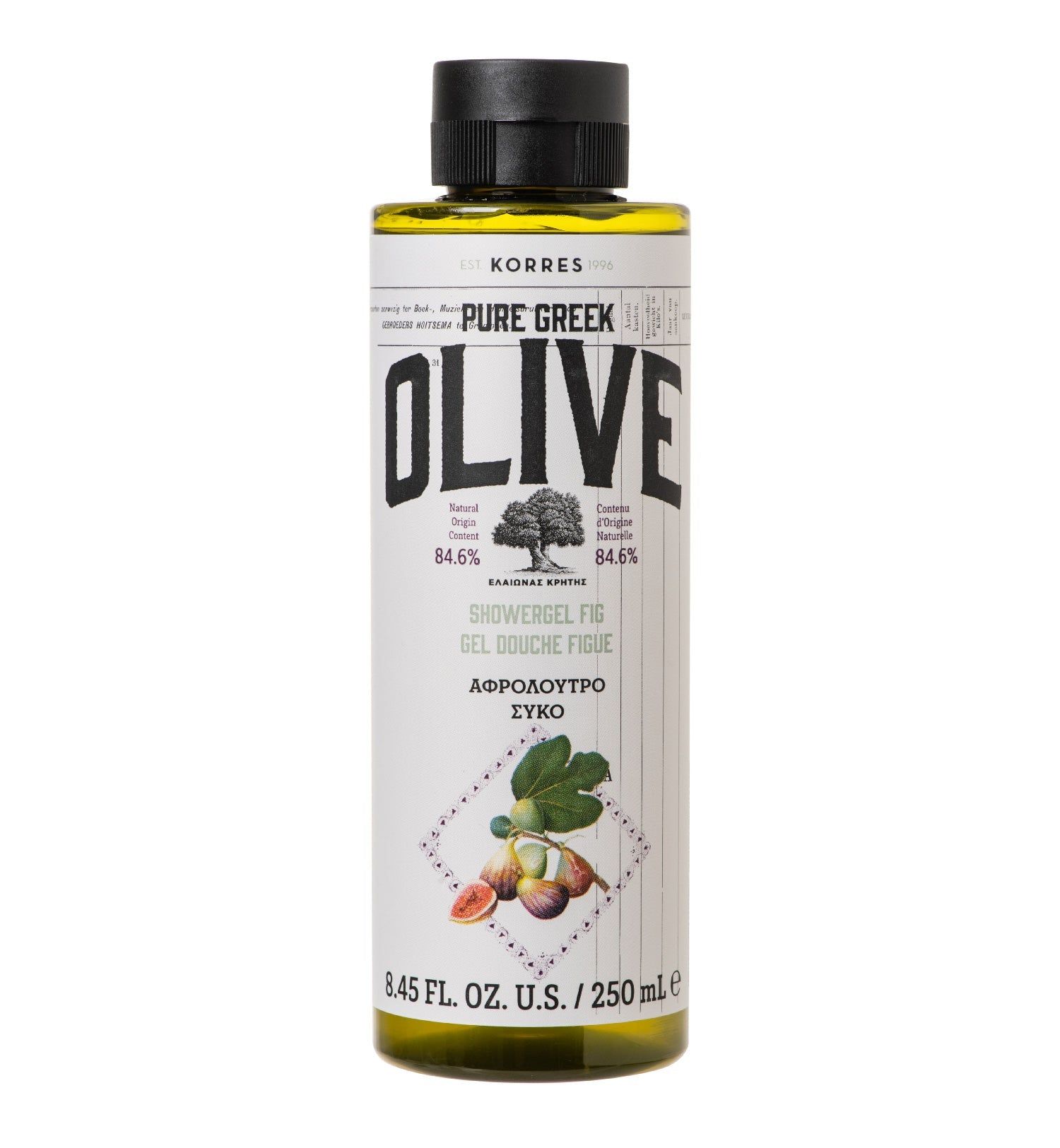 Grüne Flasche mit schwarzem Deckel. Aufschrift: KORRES Pure Greek Olive, Showergel Fig. Abbildung von Feigen.