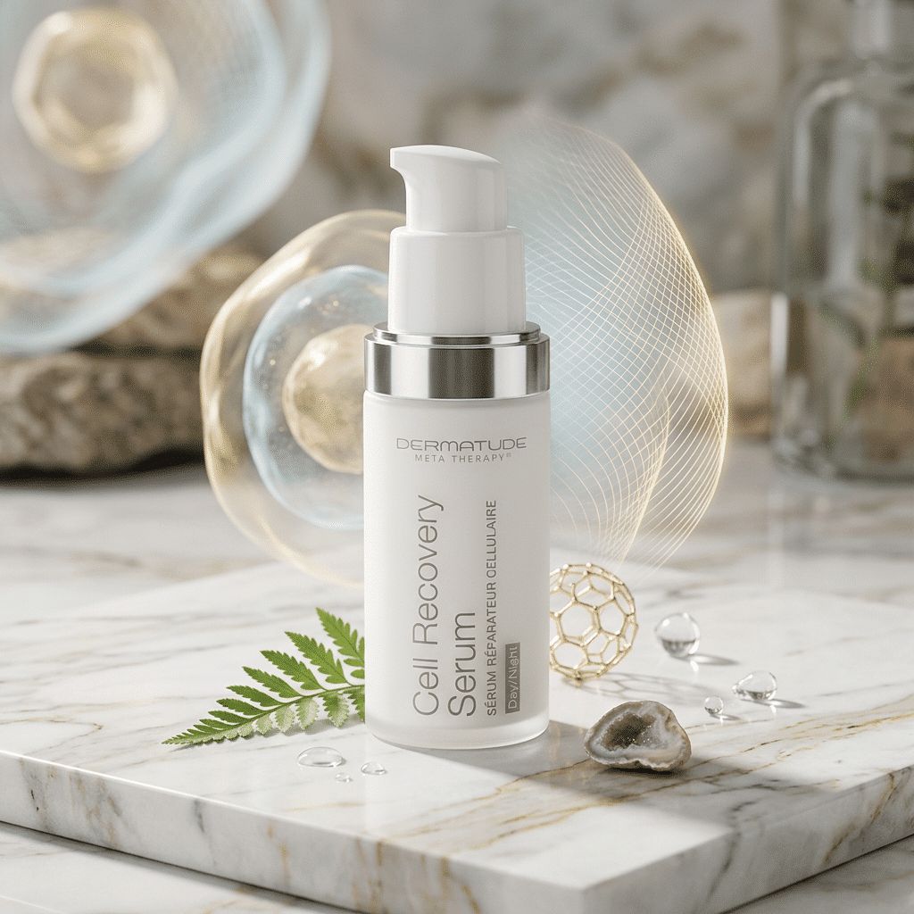 Dermatude Cell Recovery Serum Flasche mit abstrakten Zell- und Wellenformen.