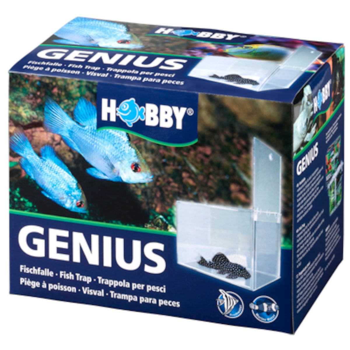 Verpackung der Fischfalle. Blaue Fische und Fischfalle abgebildet. Schriftzug: HOBBY GENIUS. Mehrsprachige Produktbezeichnungen.