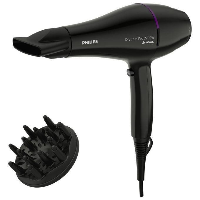 Schwarzer Haartrockner mit Diffusor. Aufschrift Philips, DryCare Pro 2200W, 2x IONIC.