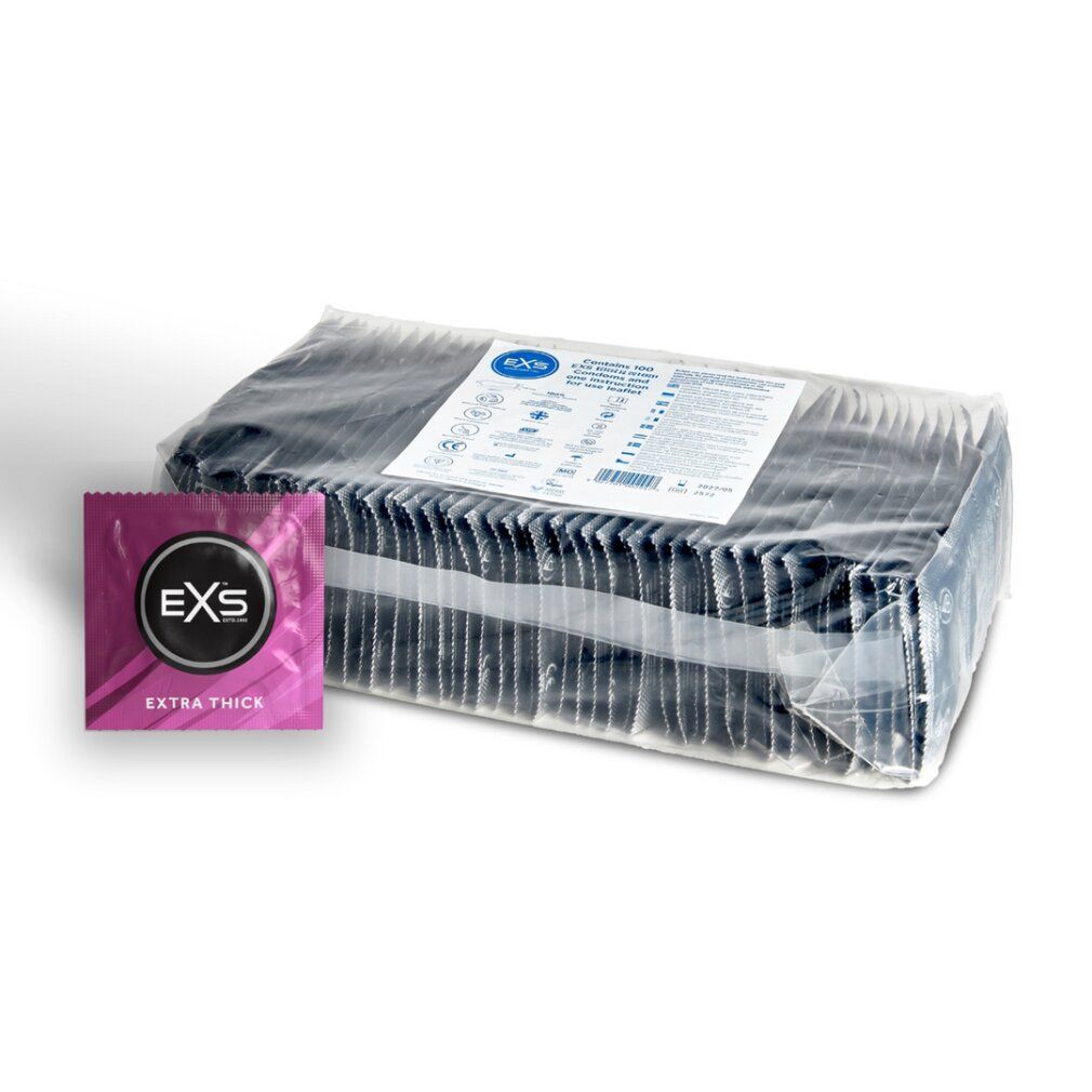 Großpackung mit vielen EXS Extra Thick Kondomen, einzeln verpackt.