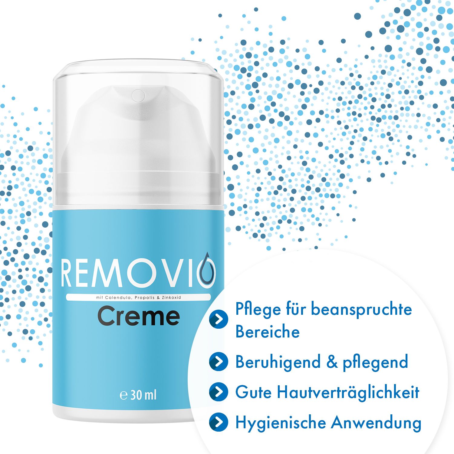 Blau-weiße Creme-Flasche. Aufschrift: Removio Creme. Mit Calendula, Propolis & Zinkoxid. Eigenschaften: Pflege, beruhigend, gute Hautverträglichkeit.